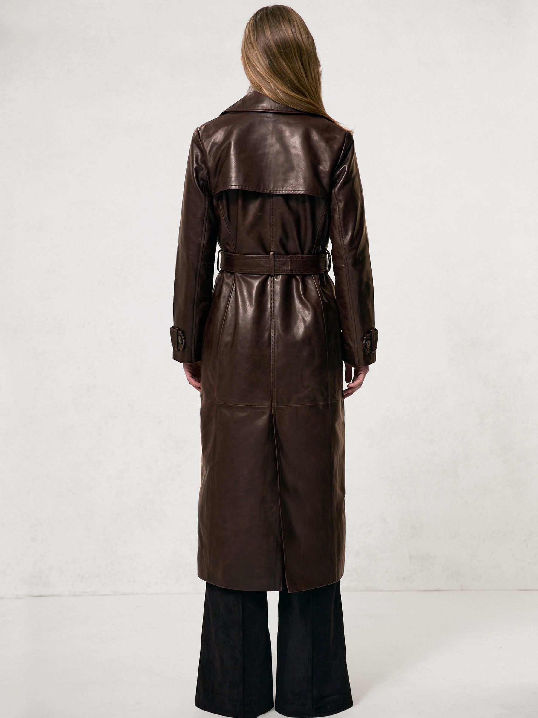 Petite Leather Double-Breasted Trench Coat in Chocolate
