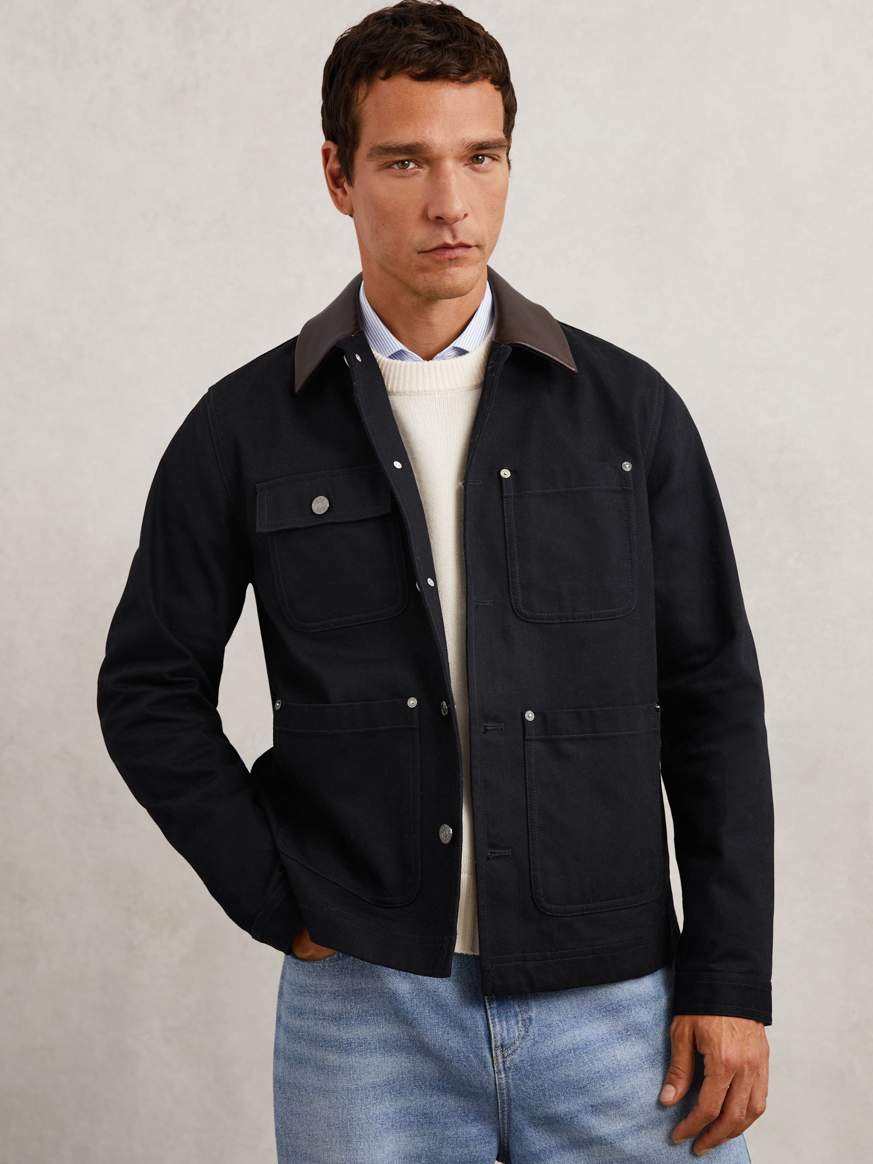 Denim Leather-Collar Worker Jacket in Indigo Blue