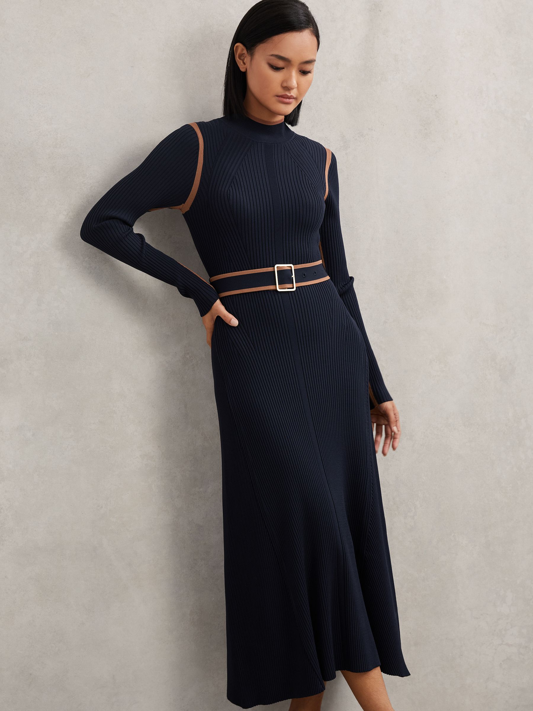 Colourblock Rib-Knit Midi Dress in Navy/Camel