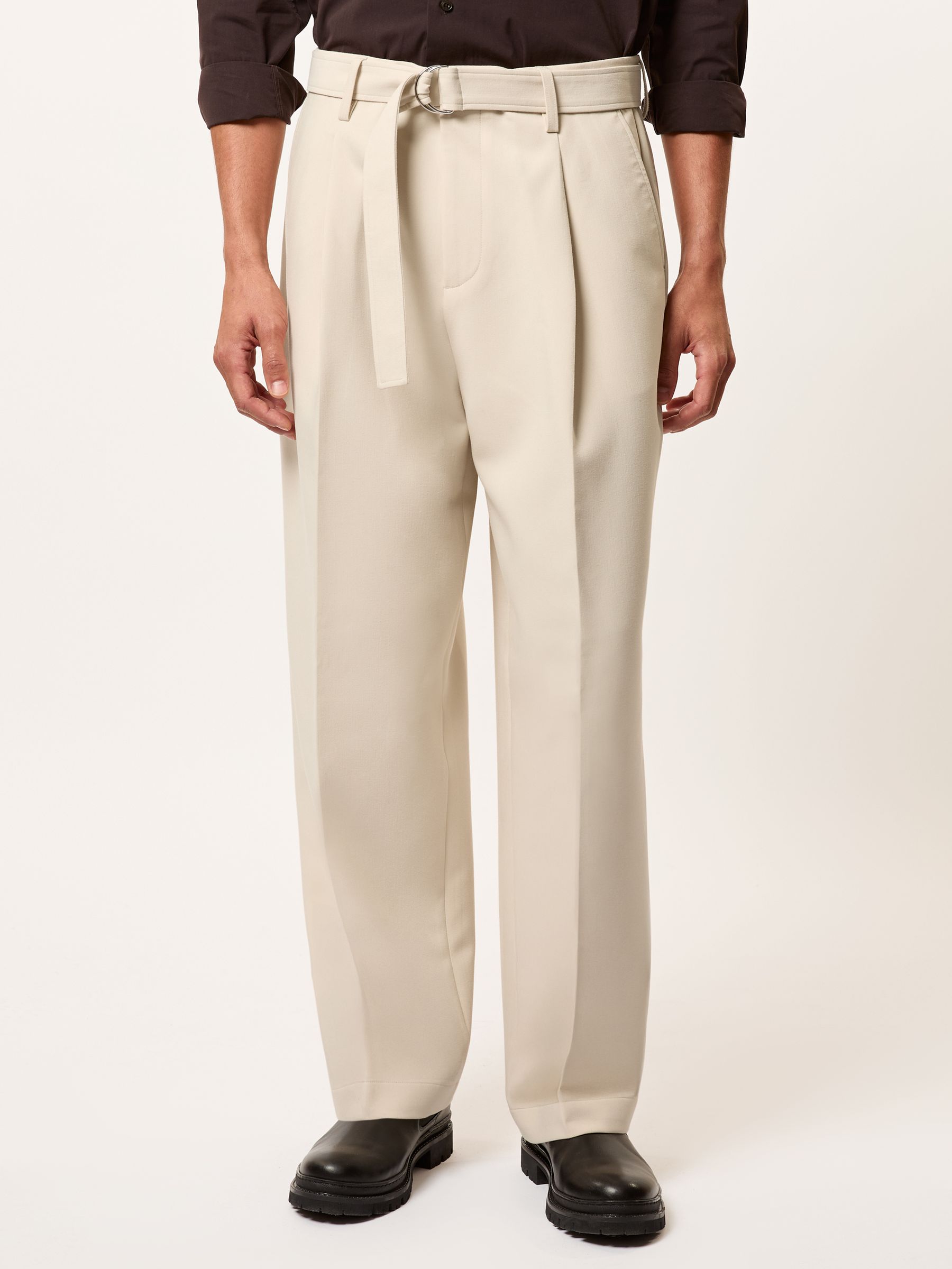 Monogram Relaxed-Fit Belted Trousers in Stone