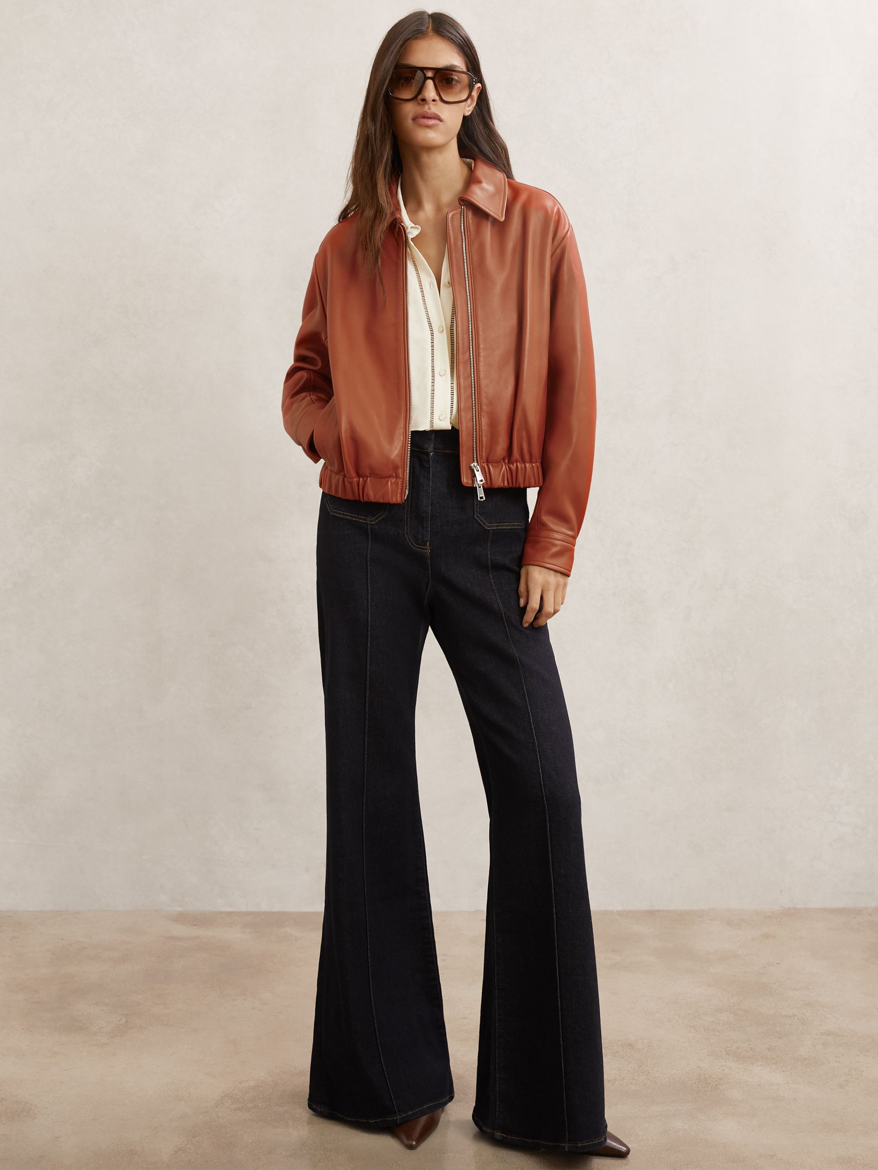 Leather Cropped Bomber Jacket in Tan