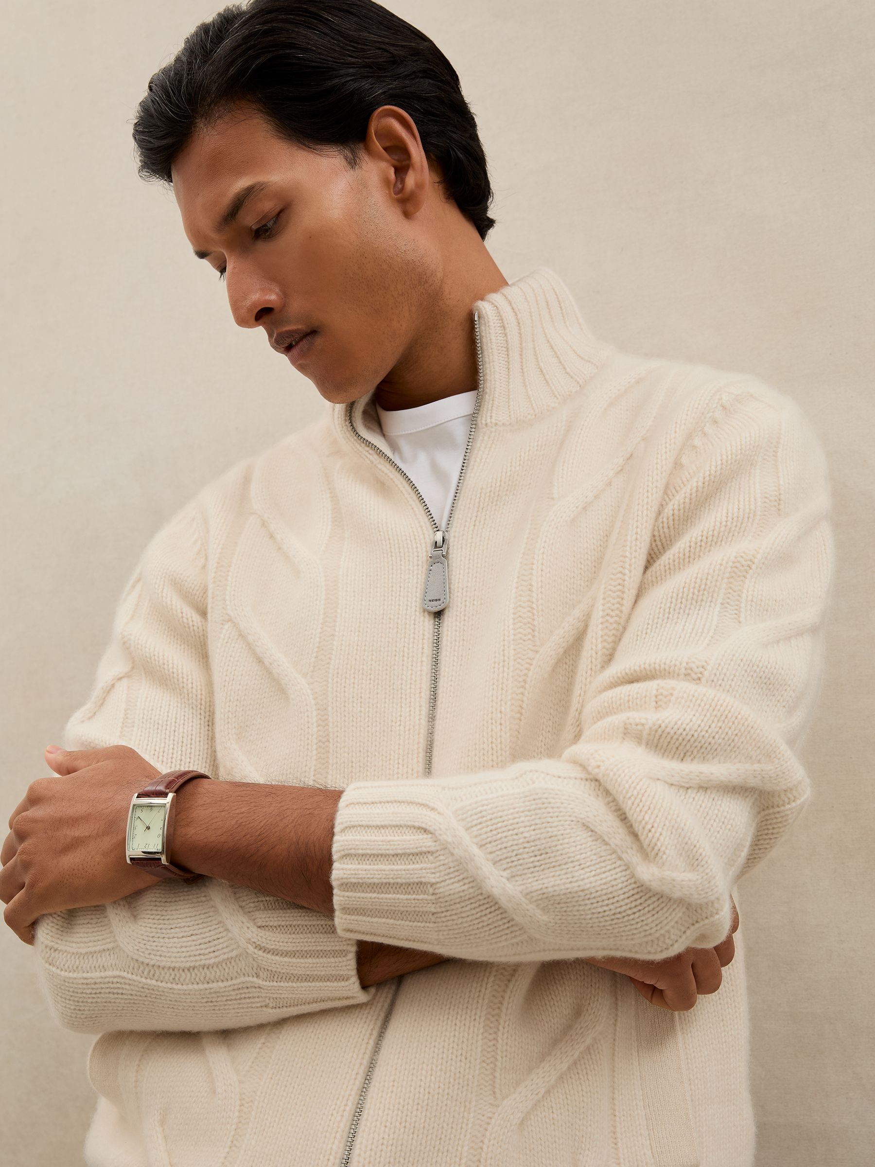 Atelier 100% Cashmere Cable Cardigan in Ivory White