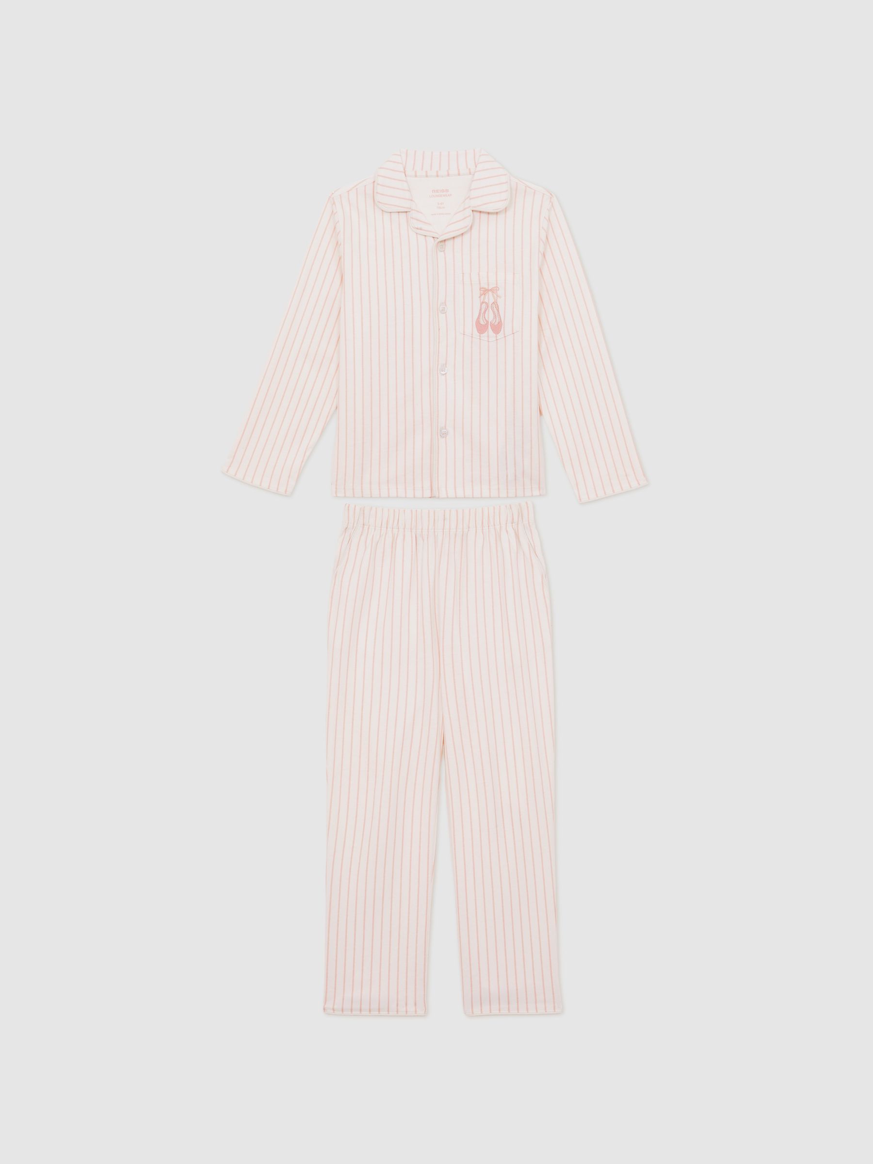 3-9 yrs Cotton Embroidery Stripe Pyjama Set in Pink
