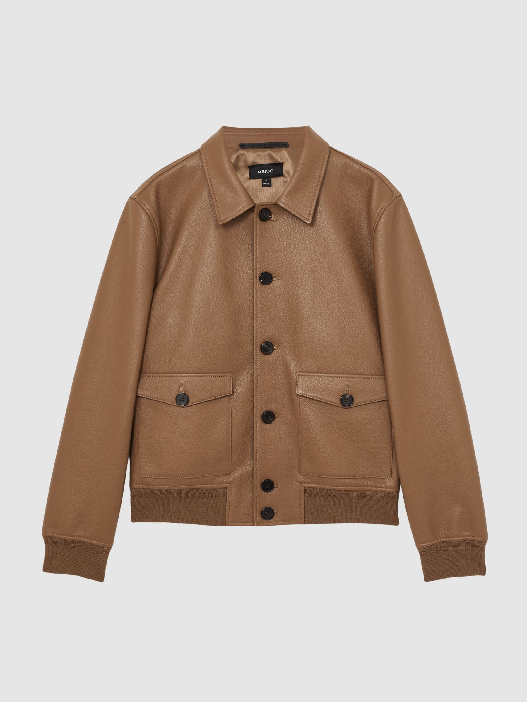 Tumbled-Leather Harrington Jacket in Tan Brown
