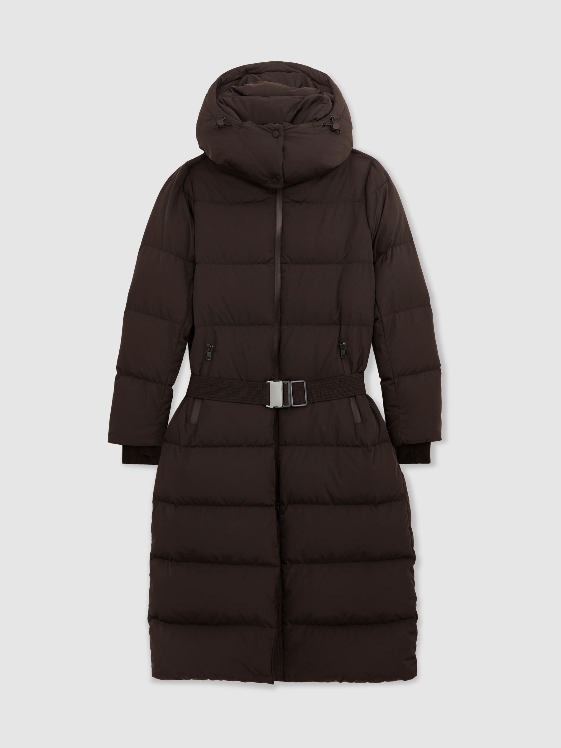Belted Longline Hooded Puffer Coat in Chocolate Brown