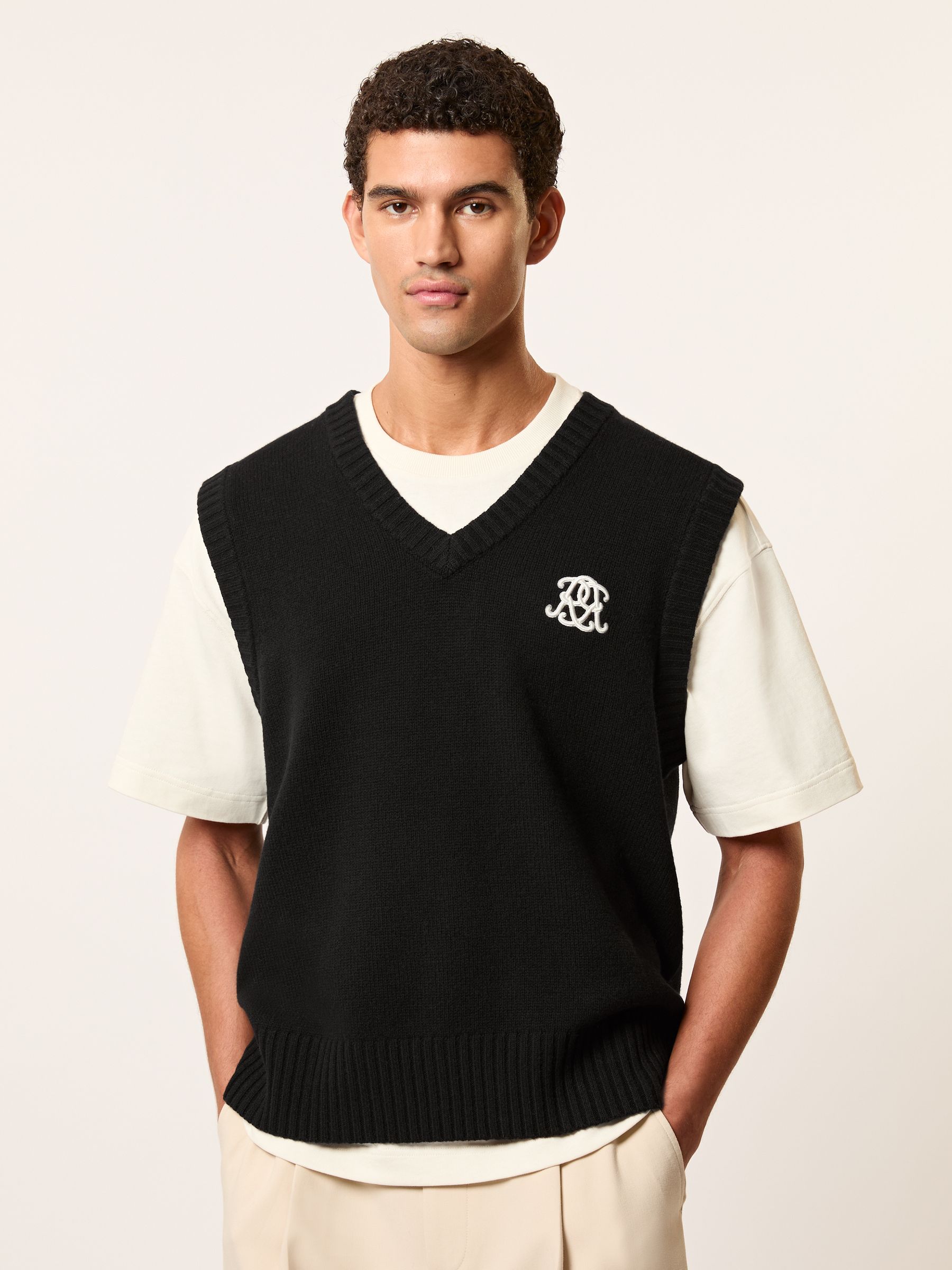 Monogram Embroidered Relaxed Wool Vest in Black