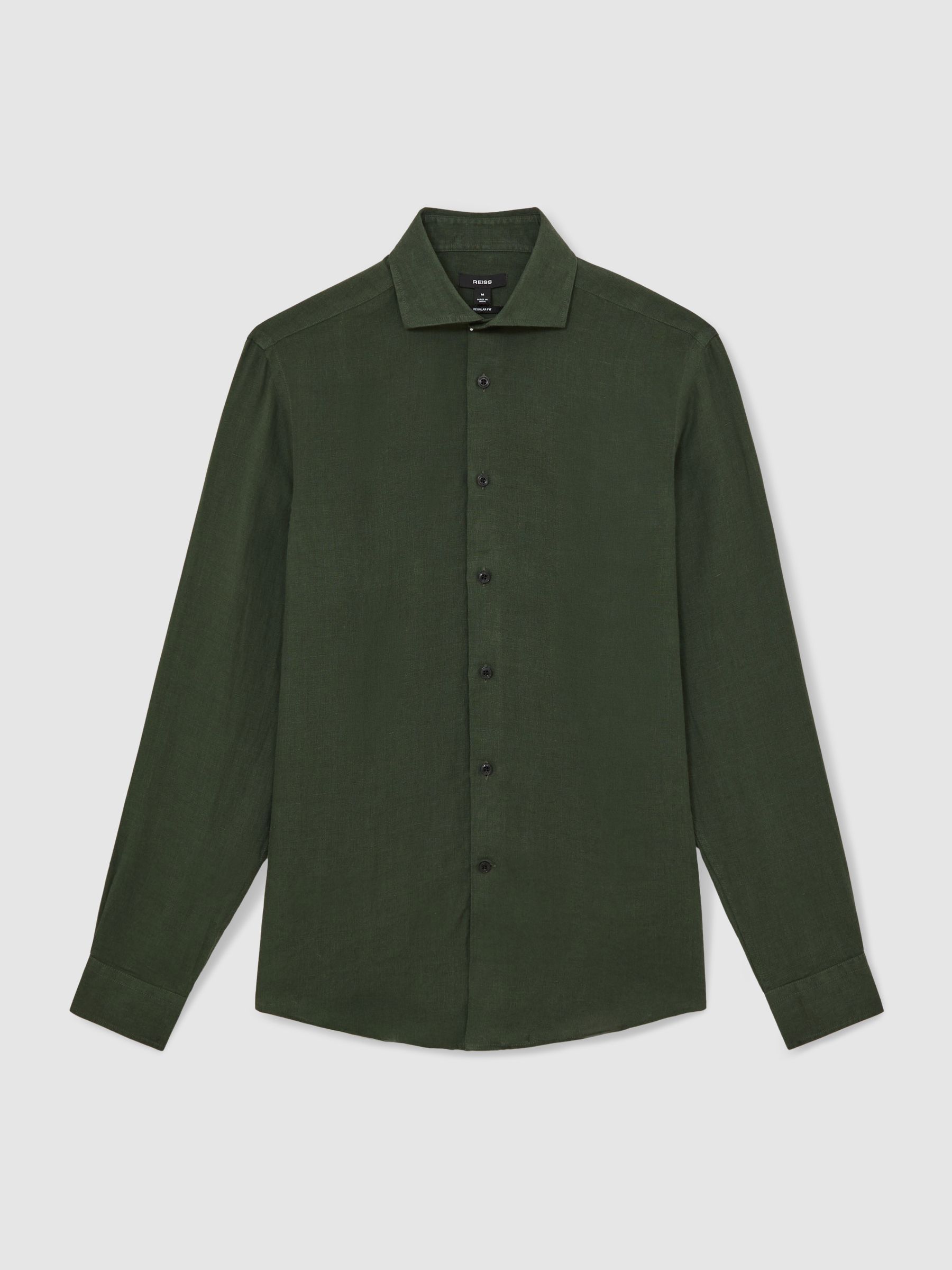 Linen Cutaway-Collar Shirt in Kale Green