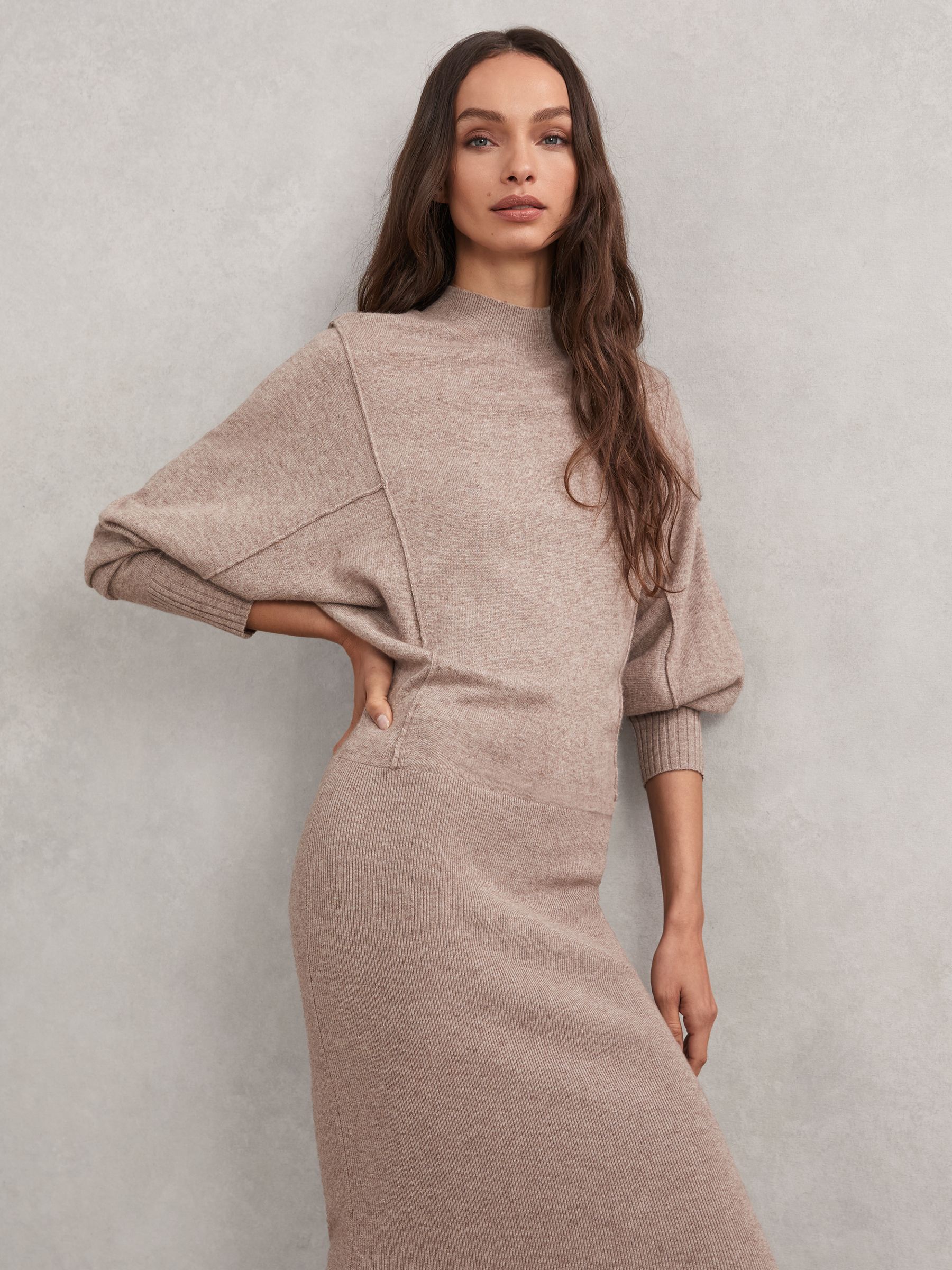 Wool-Blend High-Neck Knitted Dress with Cashmere in Neutral