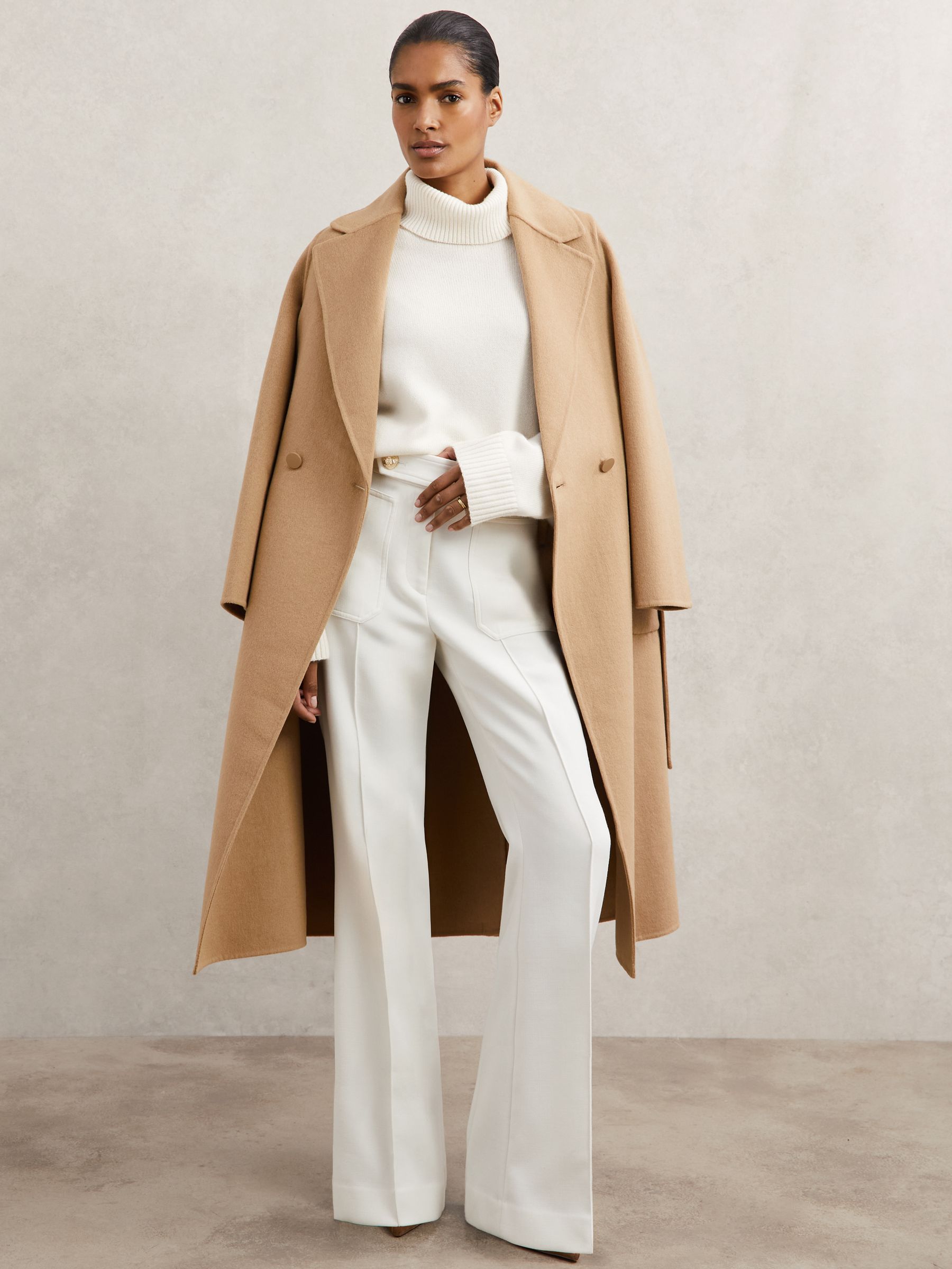 Twill Button-Tab Flared Trousers With Wool in White