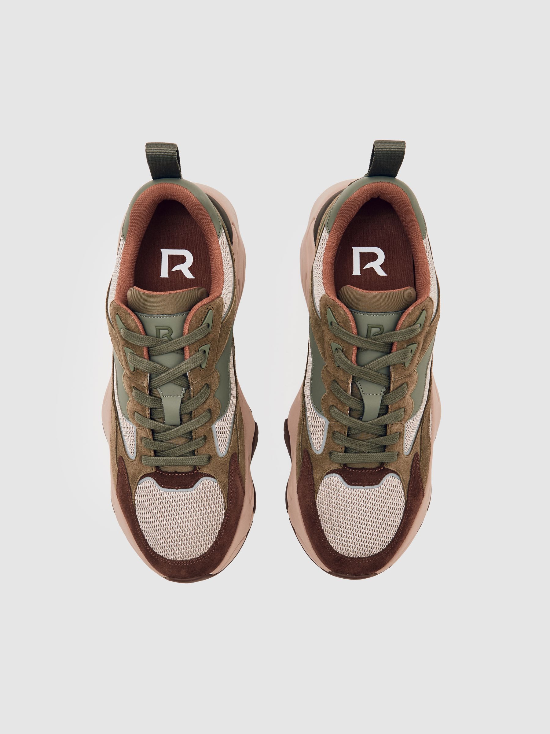 Chunky-Sole Panelled Runner Trainers in Brown/Khaki Green