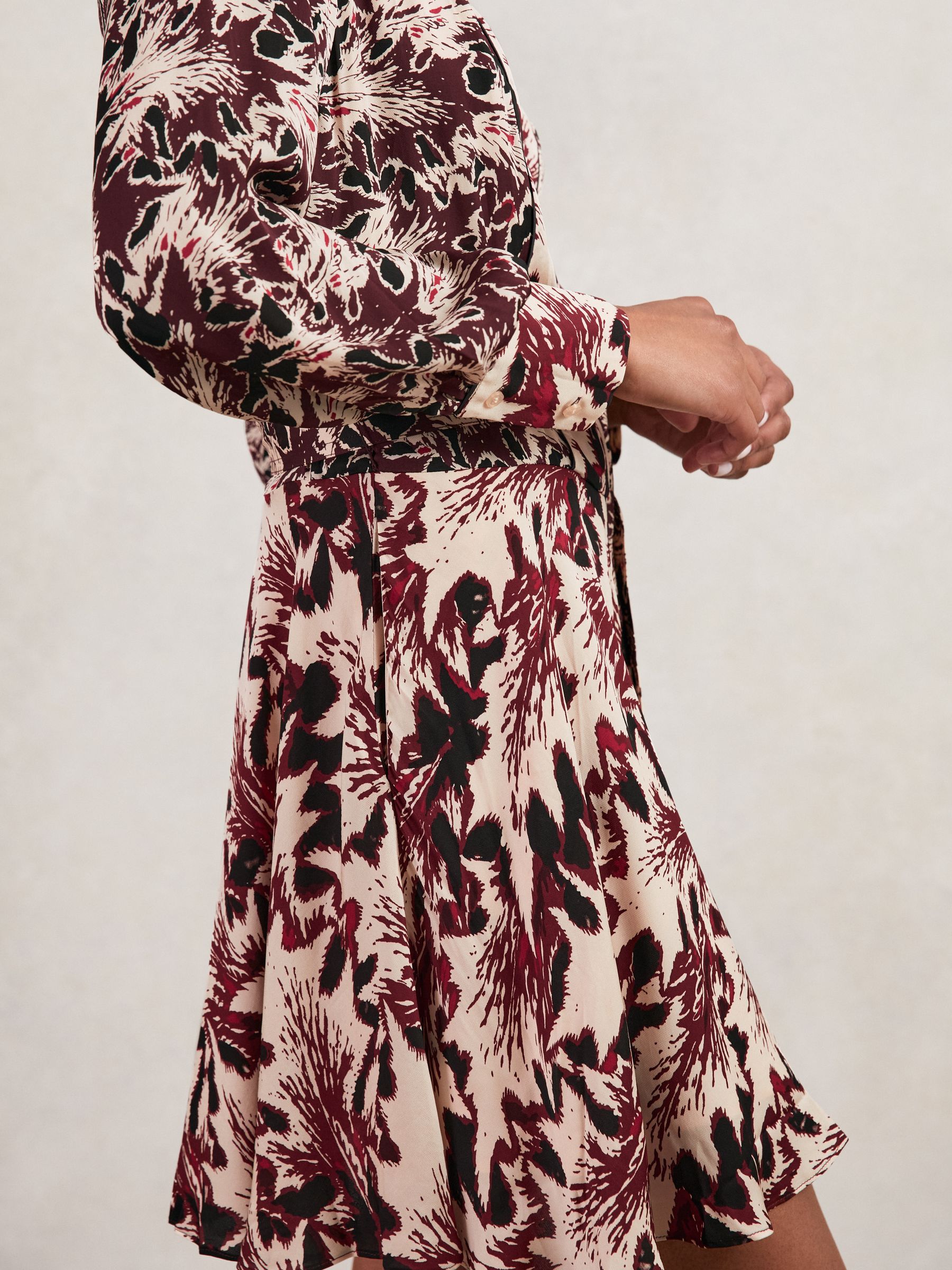 Printed Tie-Waist Flippy Mini Dress in Burgundy/Cream