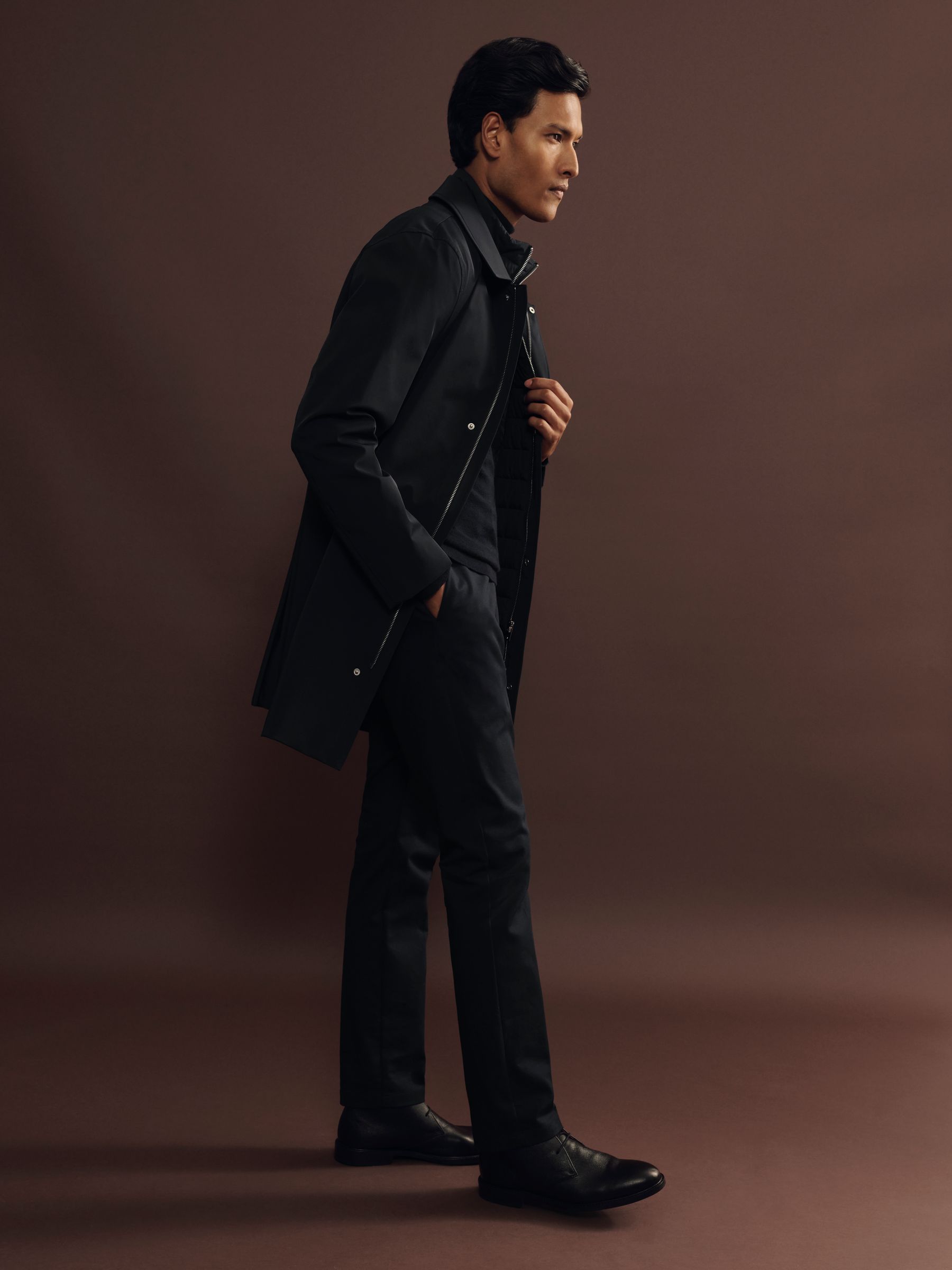 Hybrid Removable Funnel Neck Overcoat in Navy