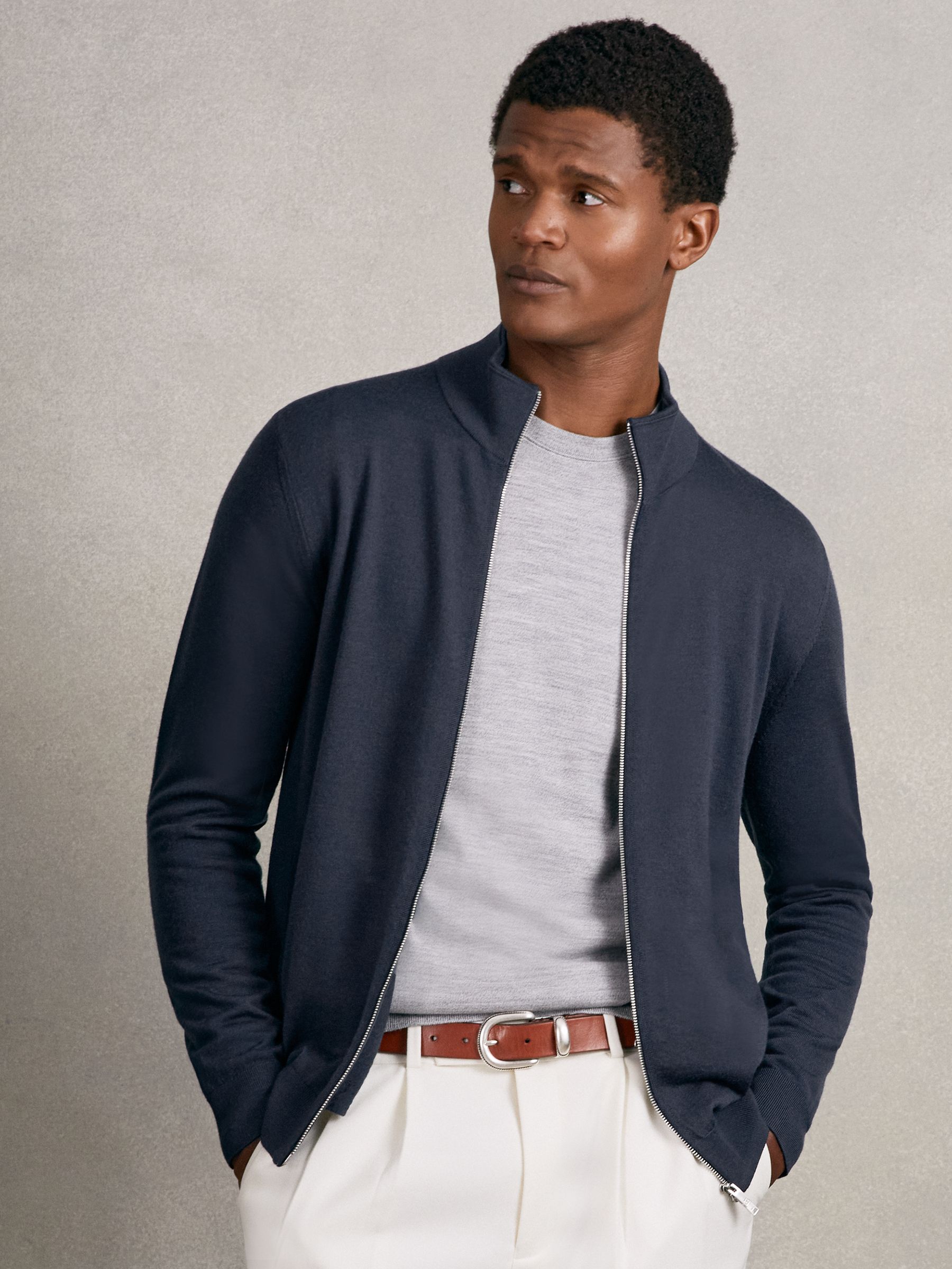 Merino Wool Zip Through Cardigan in Midnight Navy