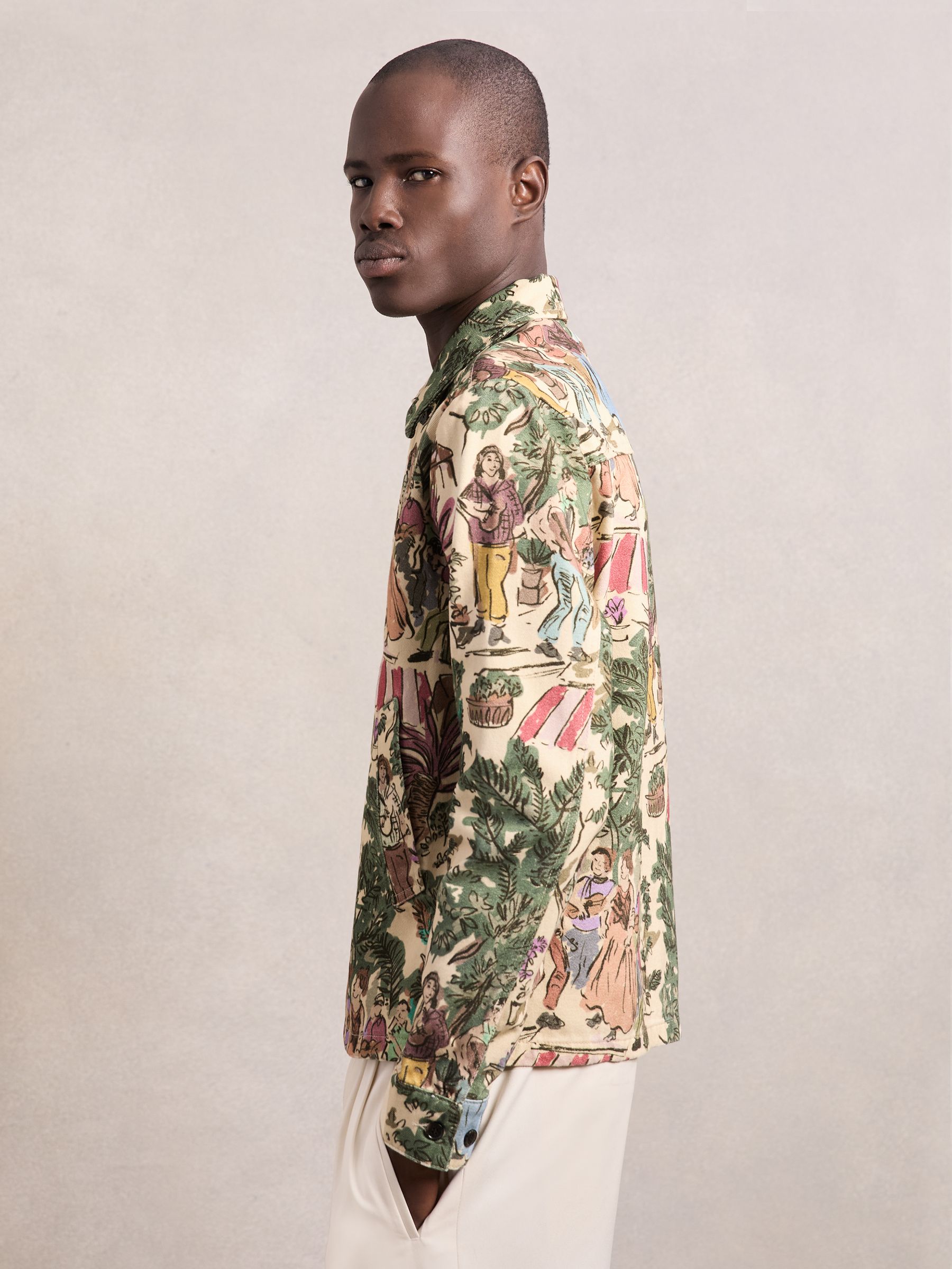 Les Deux Cotton Printed Worker Jacket in Oil Green