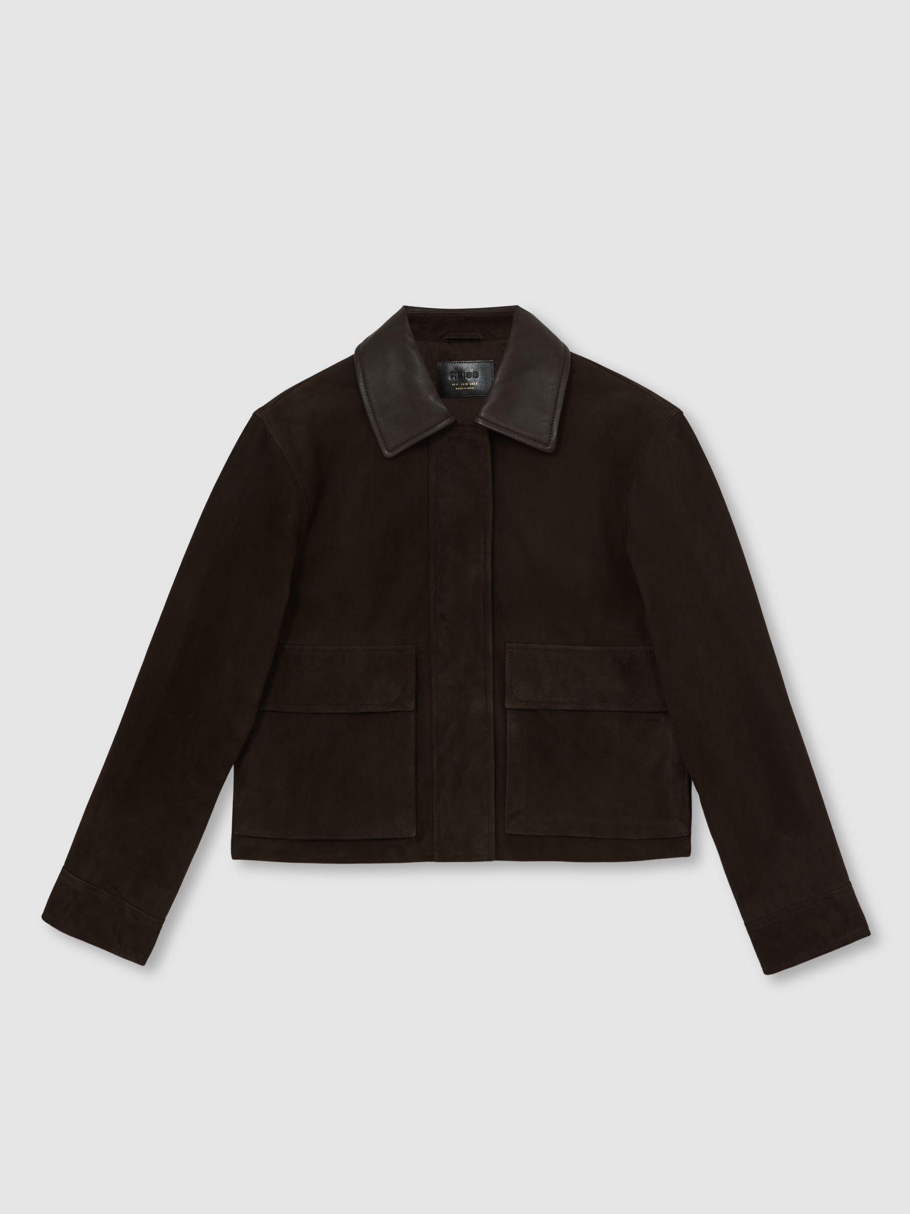 Leather-Collar Suede Jacket in Chocolate Brown