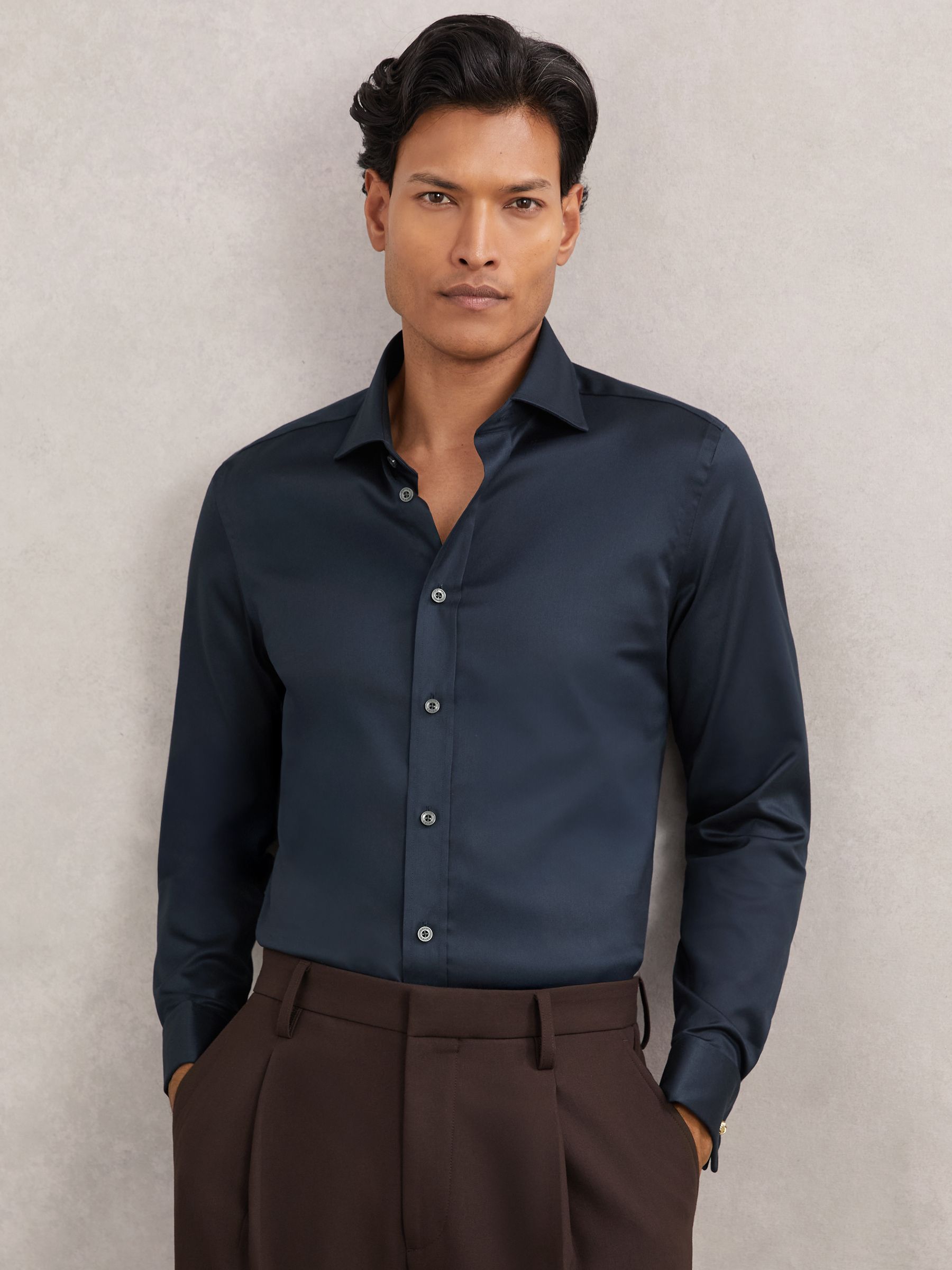 Slim Fit Stretch Double-Cuff Shirt Cotton-Blend in Navy