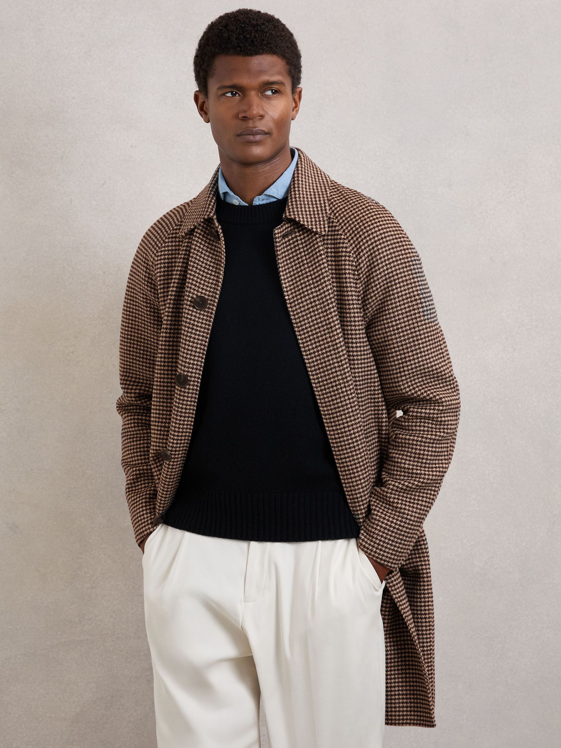 Wool-Blend Dogtooth-Check Overcoat in Brown