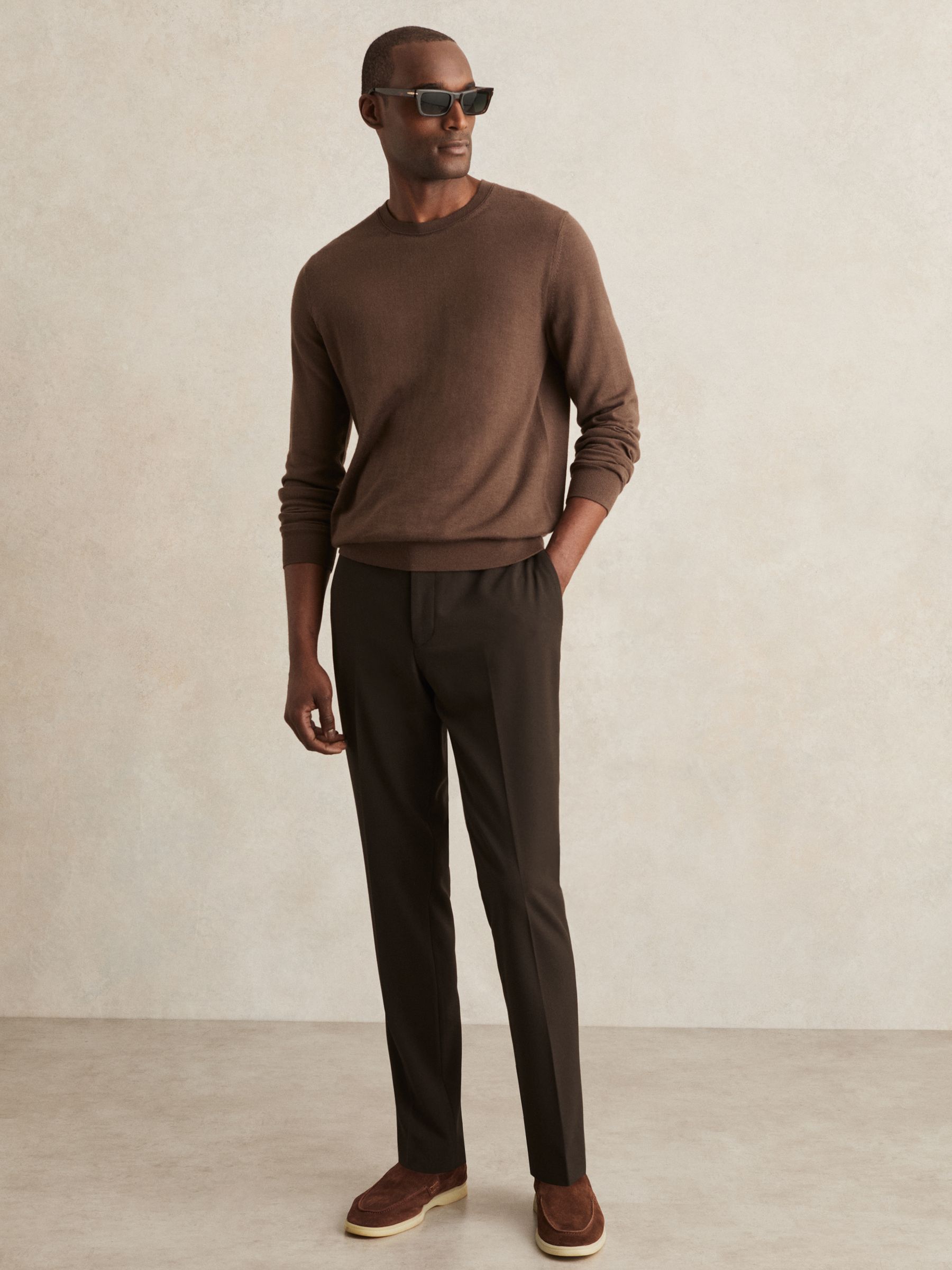 Stretch Slim Fit Drawstring Trousers in Brown