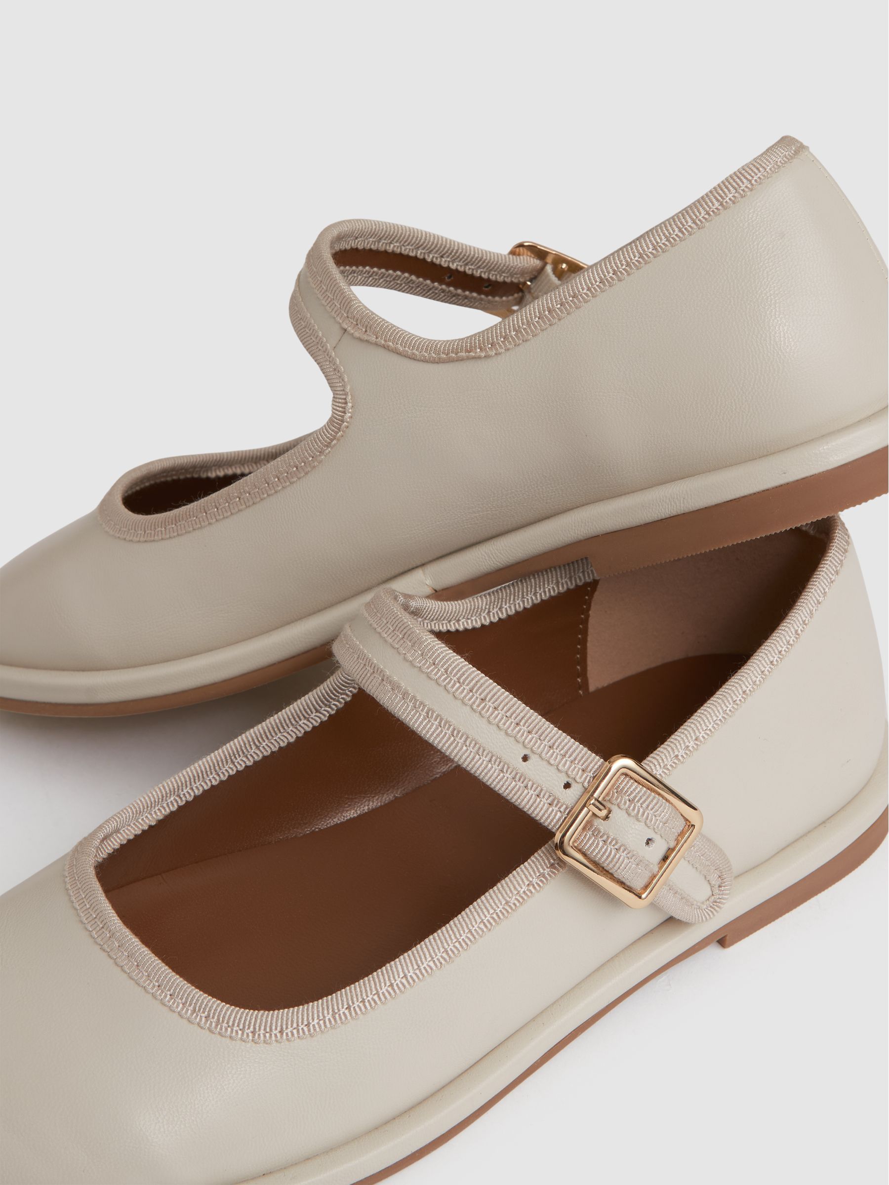 Leather Mary Jane Ballet Pumps in Cream