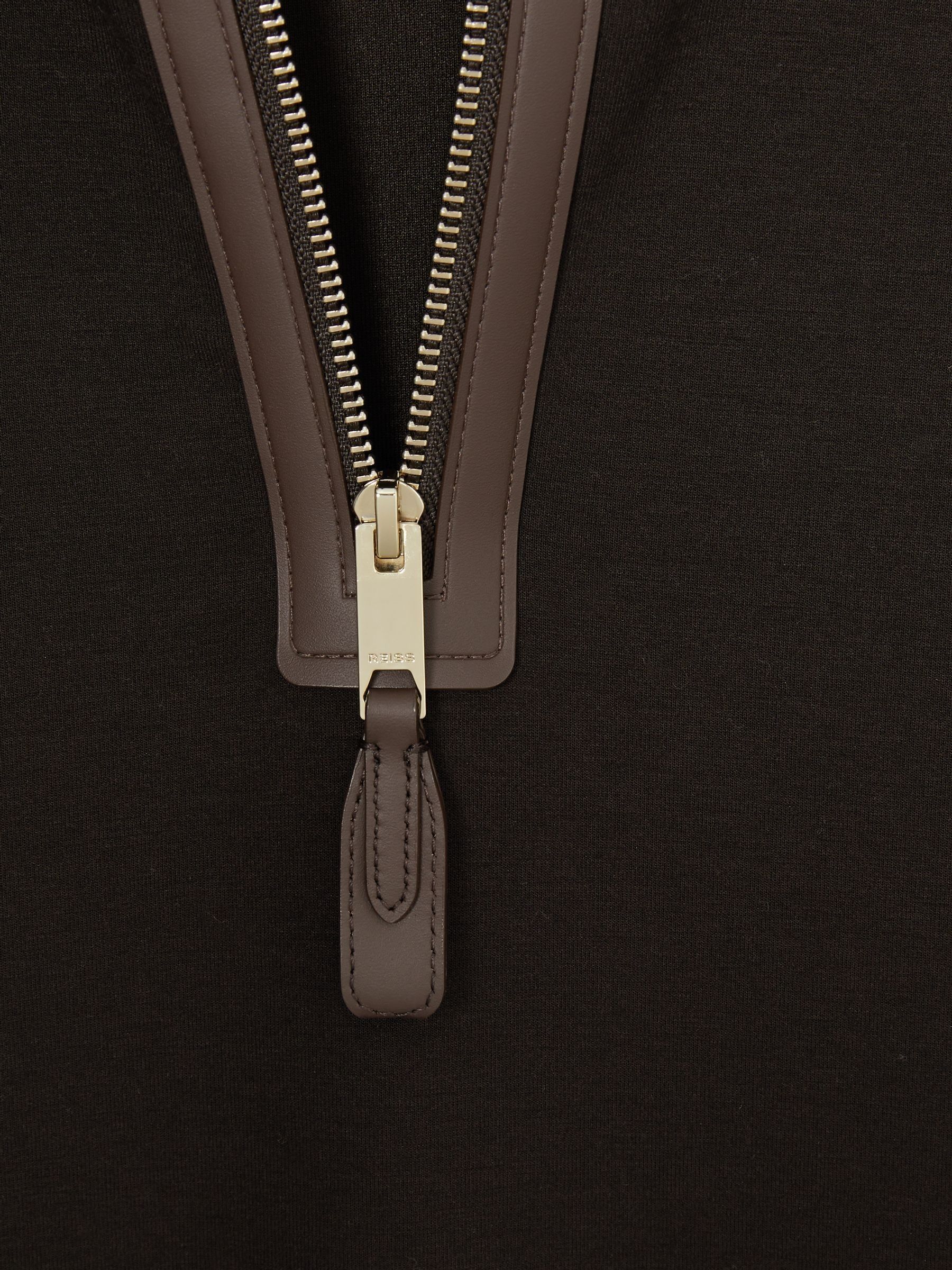 Leather-Placket Interlock-Jersey Sweatshirt in Chocolate Brown