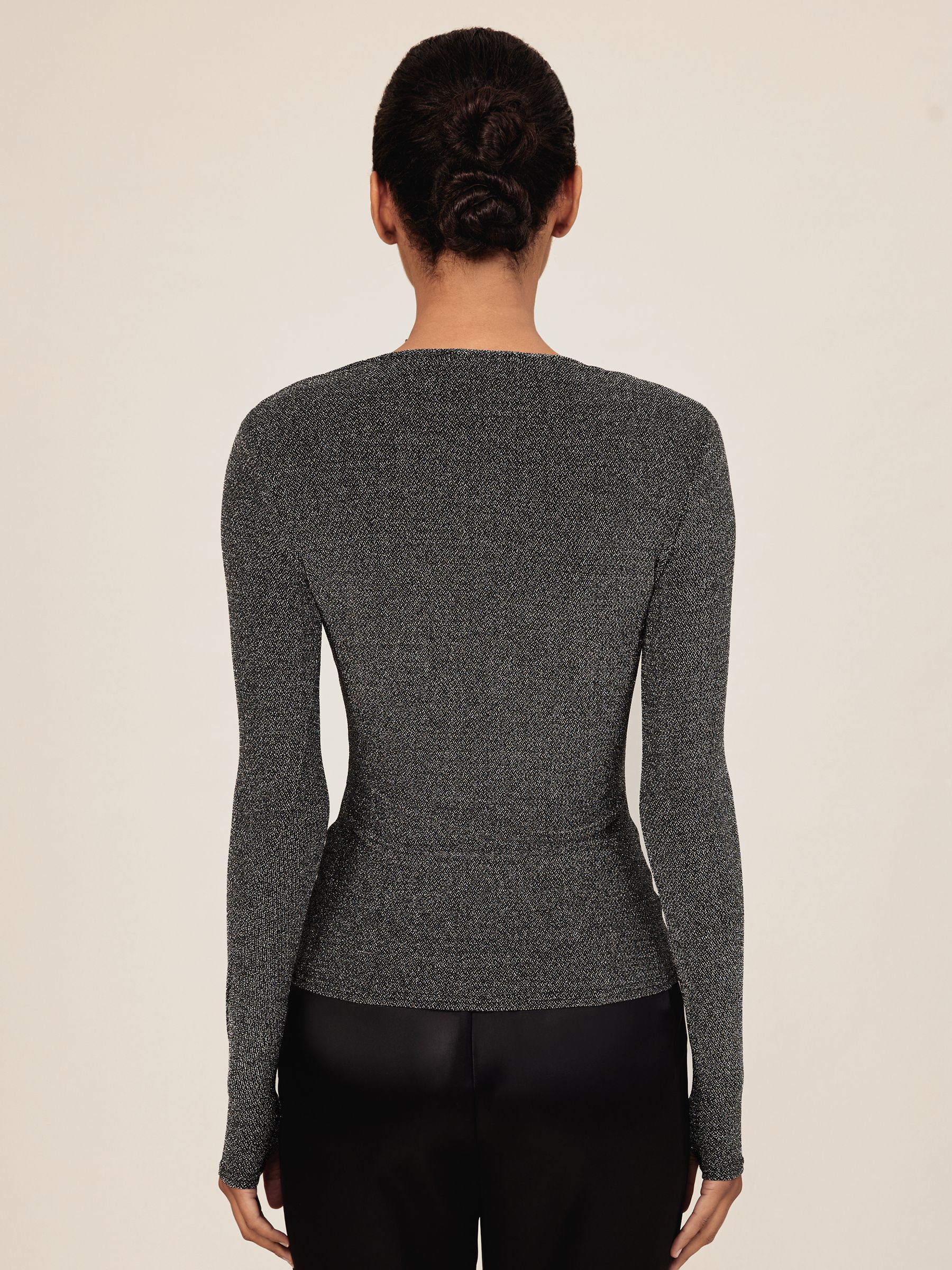 Metallic-Knit Long-Sleeve Top in Silver