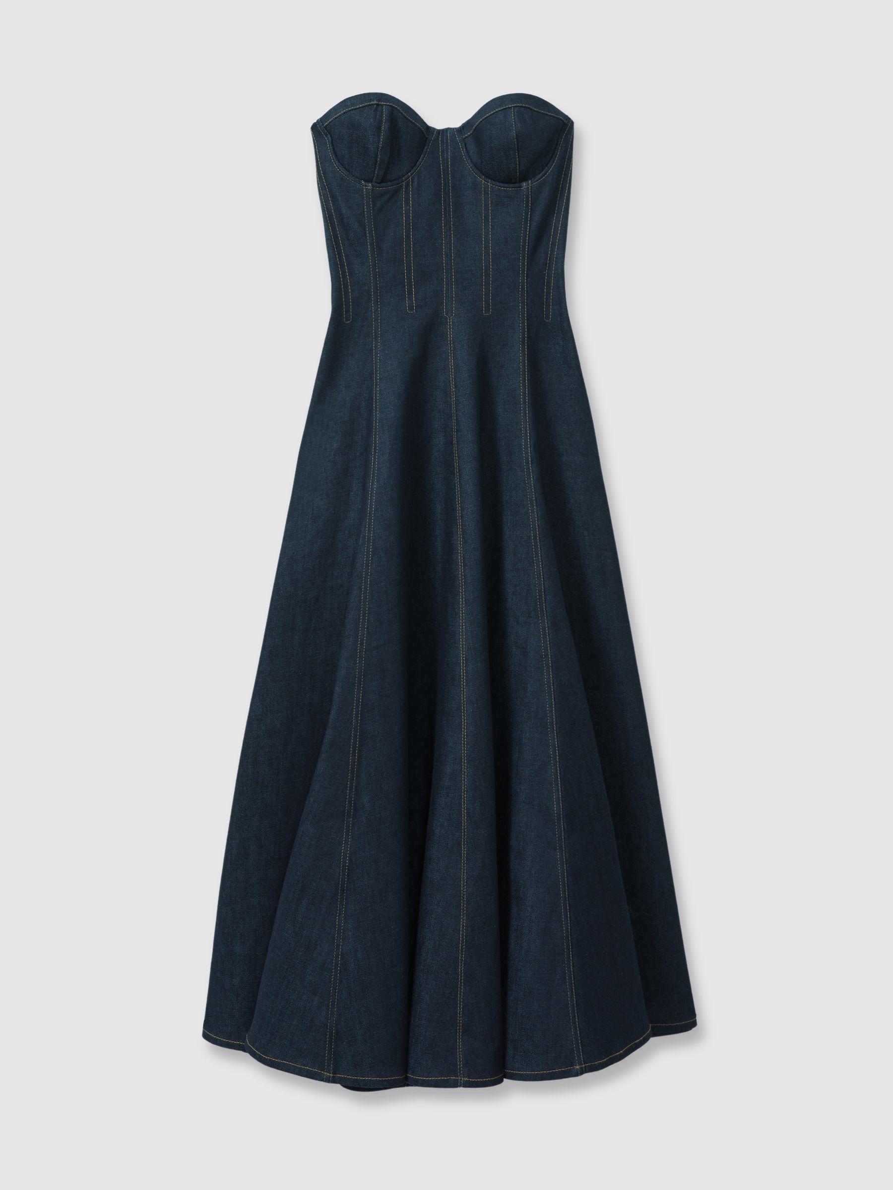 Strapless Structured Denim Midi Dress in Indigo Blue