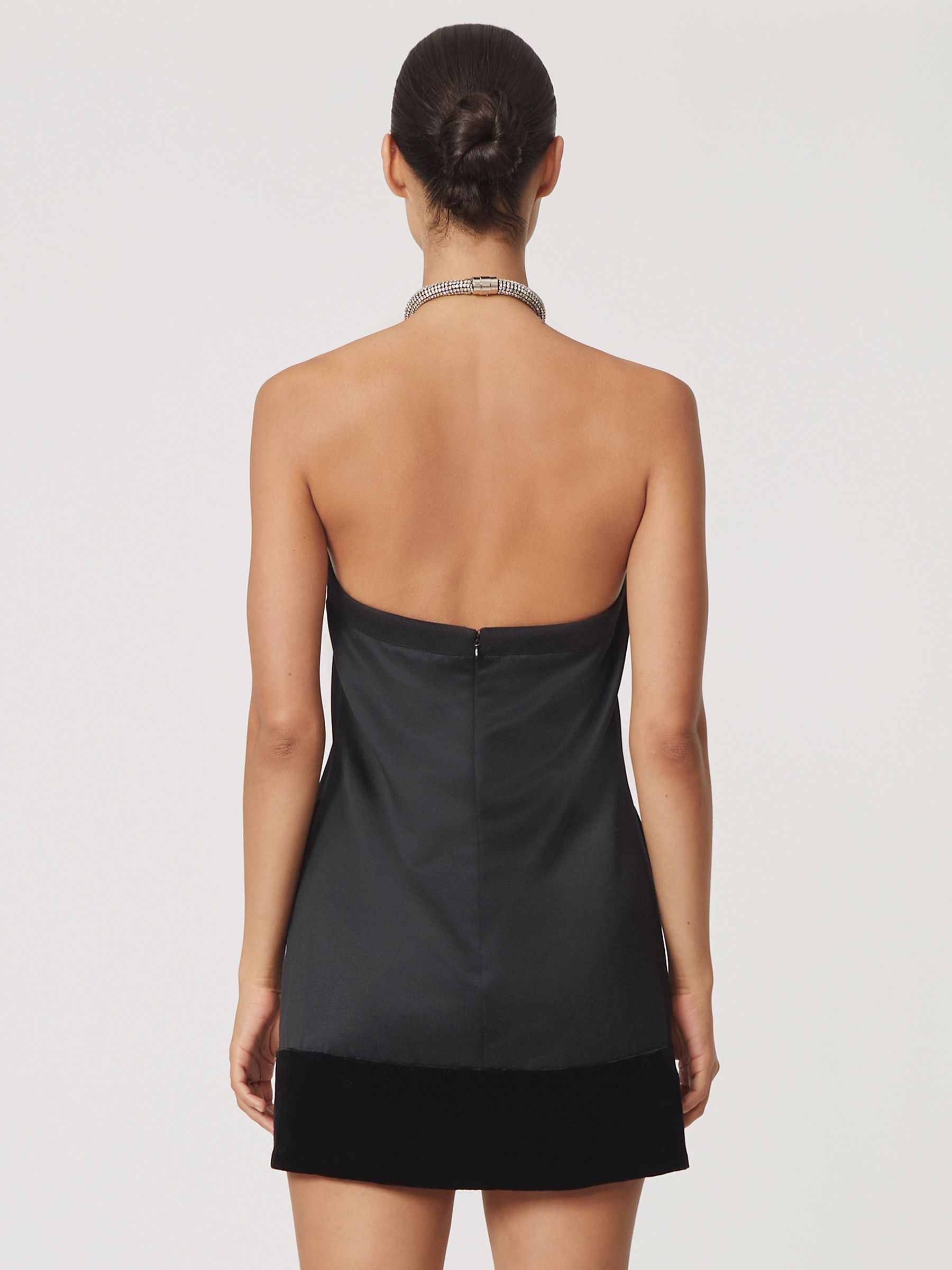 Satin Crystal-Necklace Mini Dress in Black