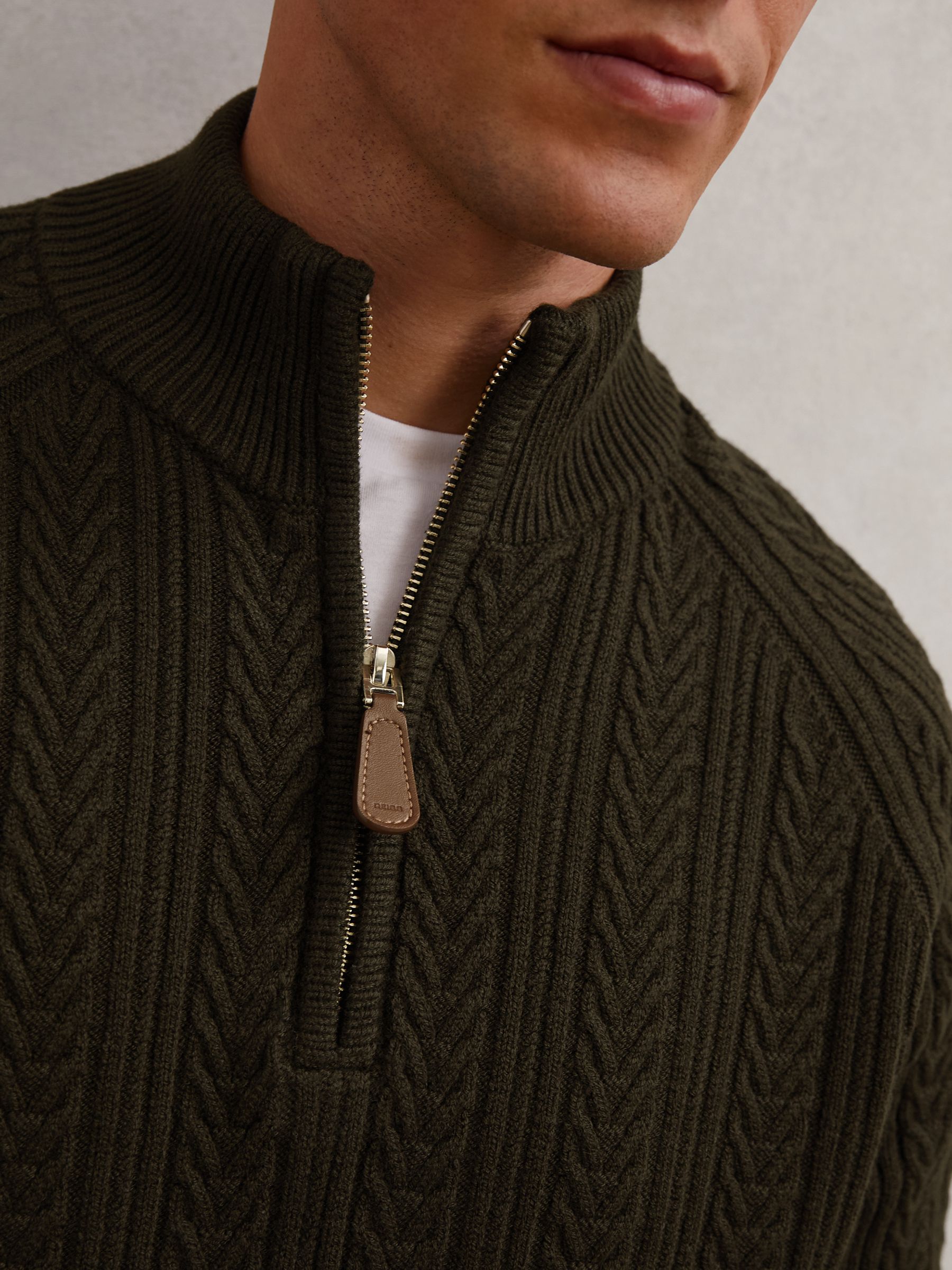 Cable-Knit Half-Zip Jumper with Wool in Dark Olive Green