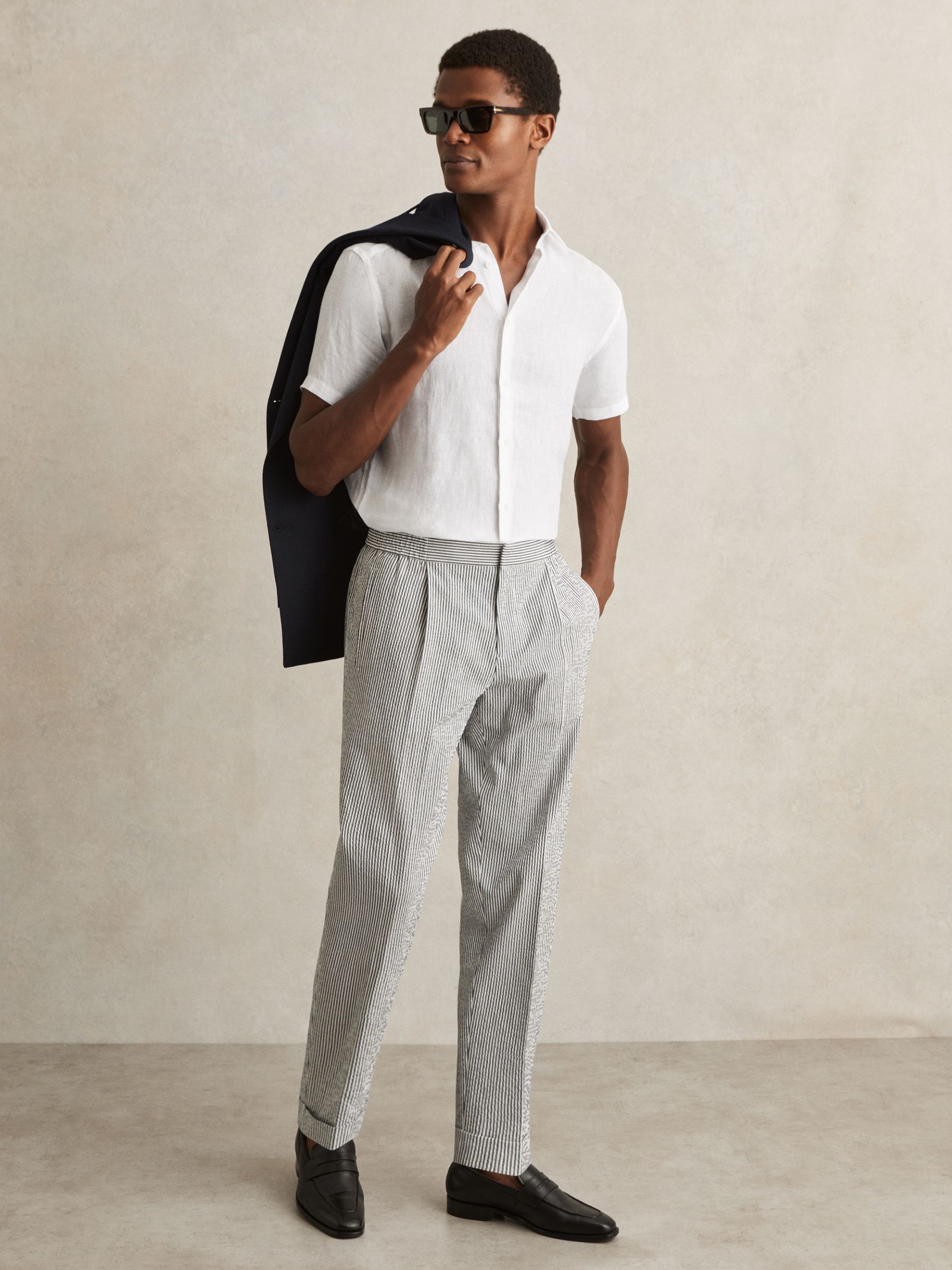 Slim Fit Linen Button-Through Shirt in Navy