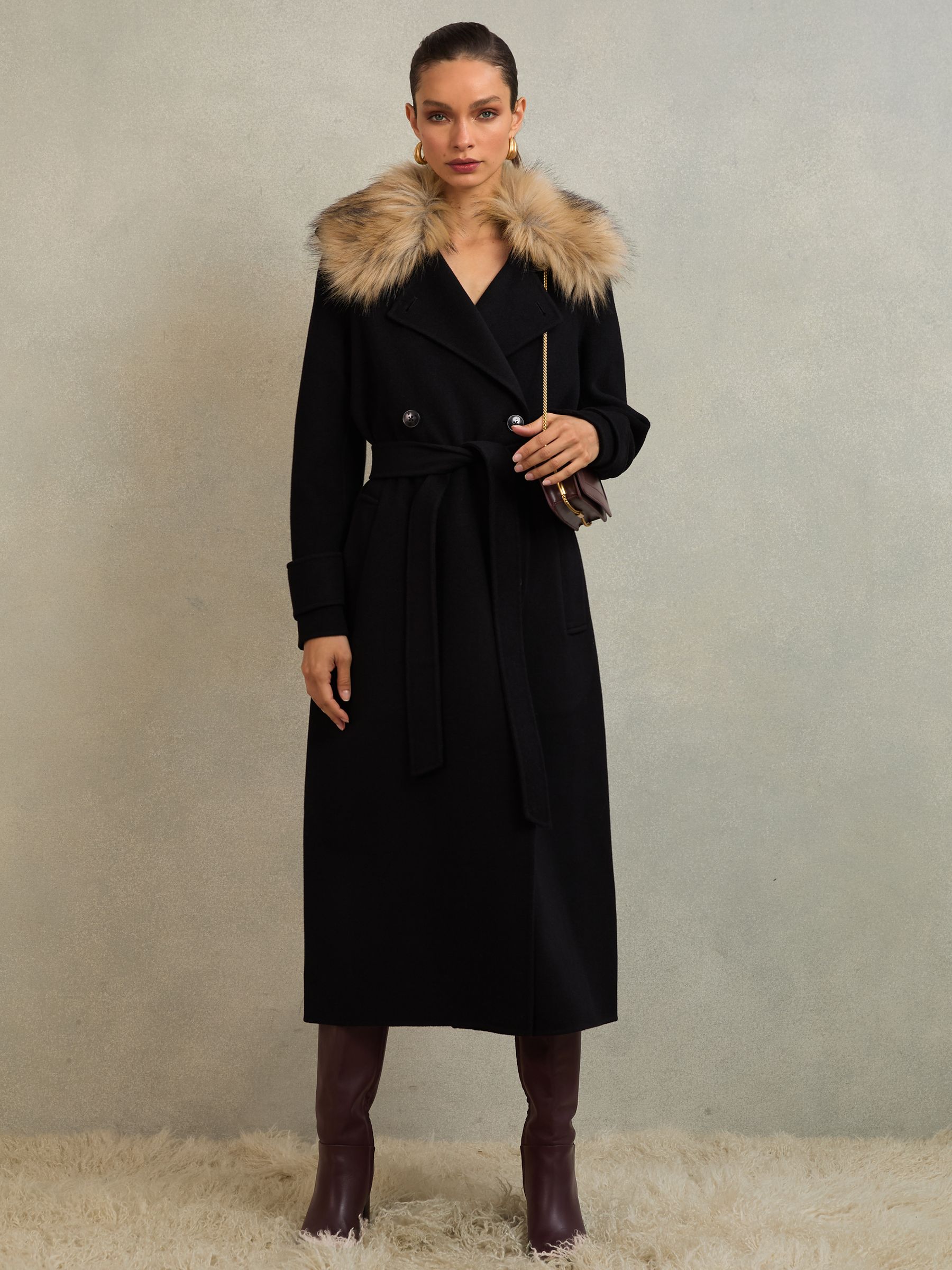 Atelier Wool Faux-Fur Collar Coat in Black