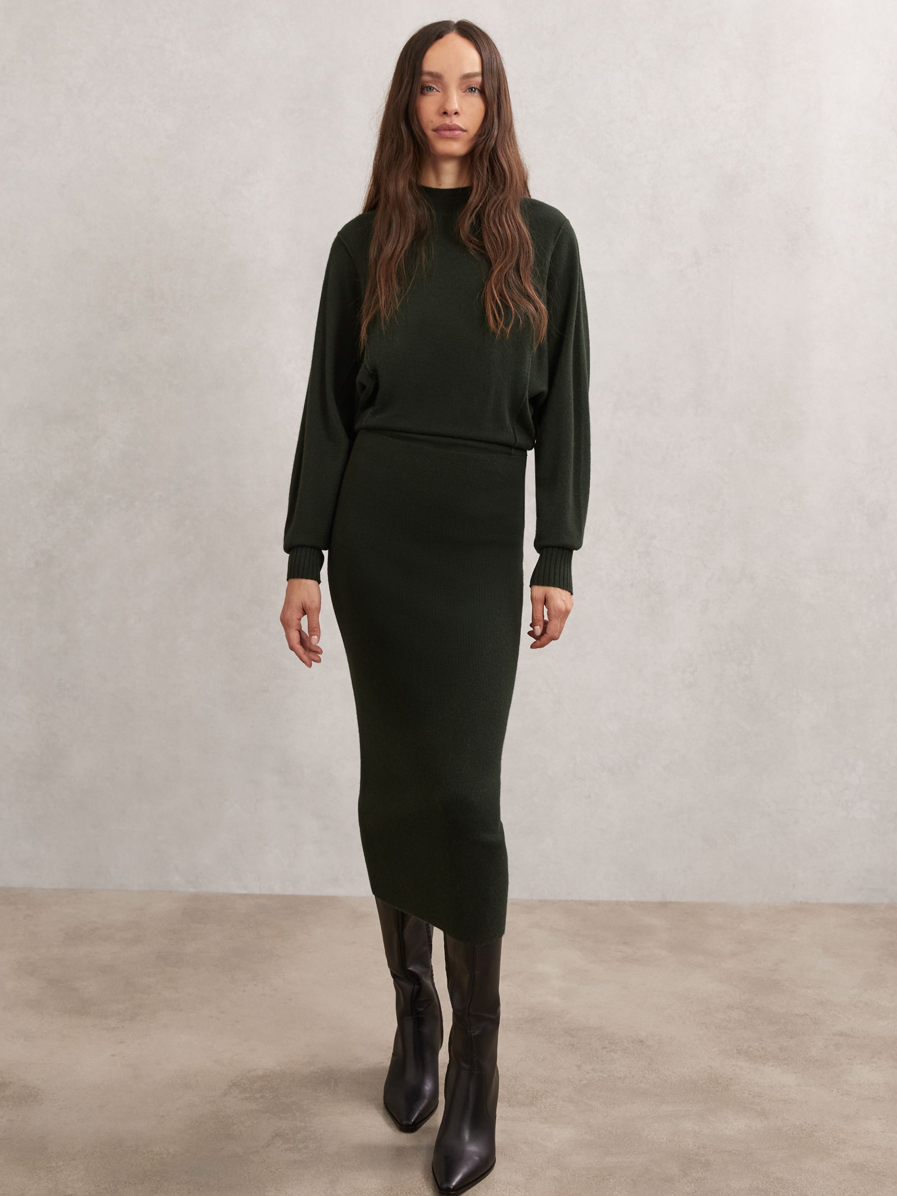 Wool-Blend High-Neck Knitted Dress with Cashmere in Dark Green
