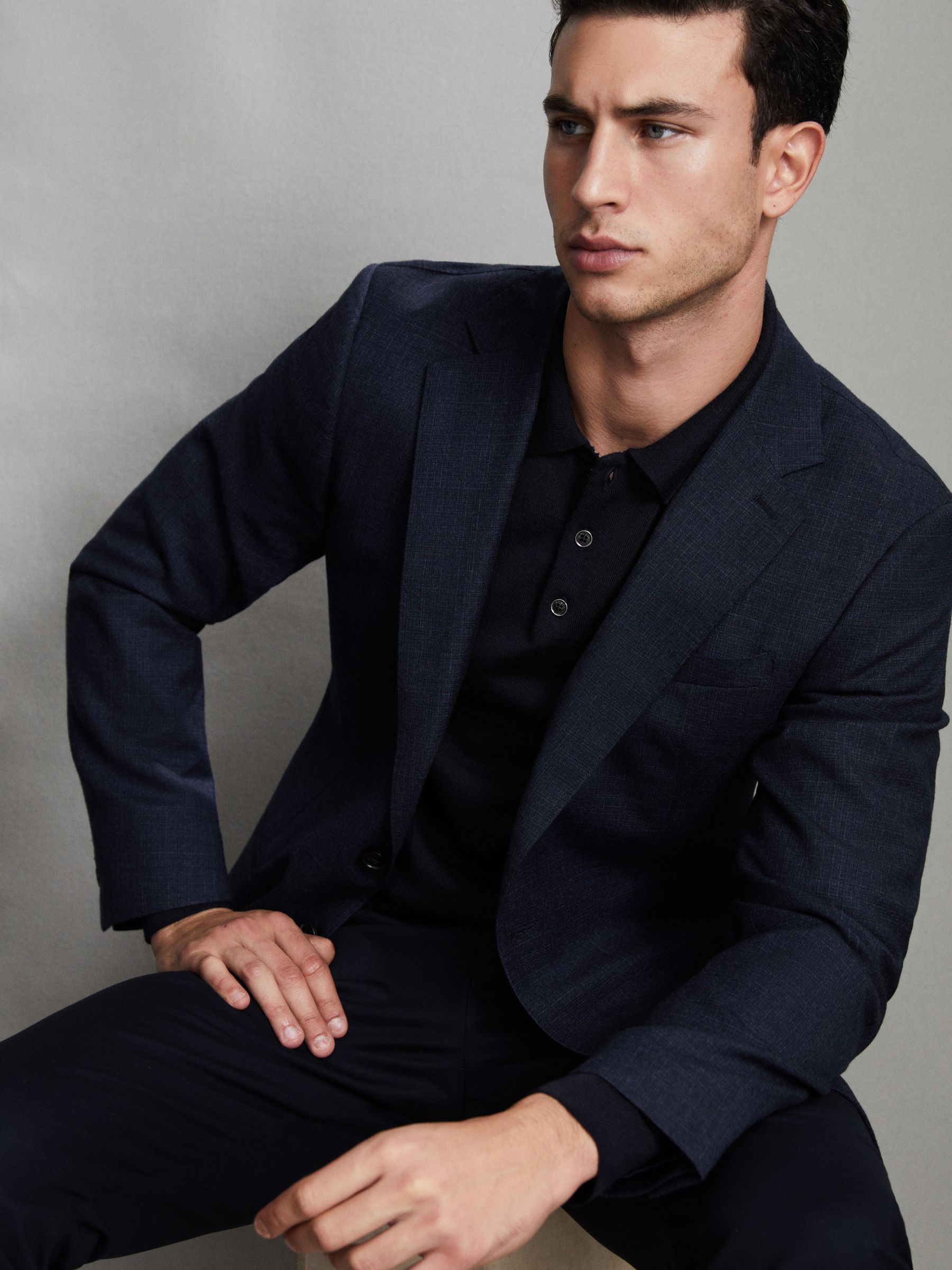 Merino Wool Long-Sleeve Polo Shirt in Navy