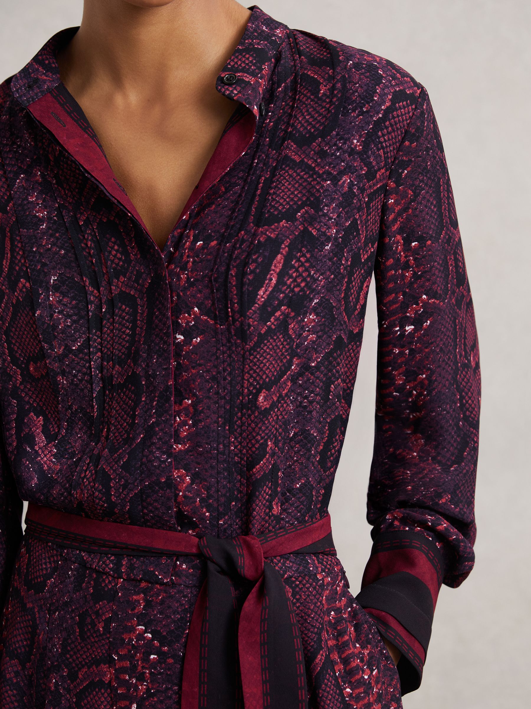 Snake-Print Belted Mini Dress in Burgundy/Black