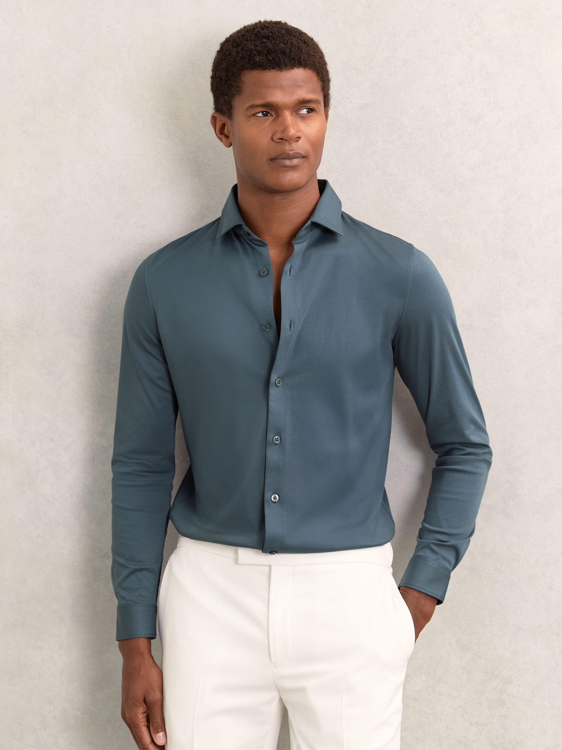 Air-Water Cotton Button-Through Shirt in Airforce Blue