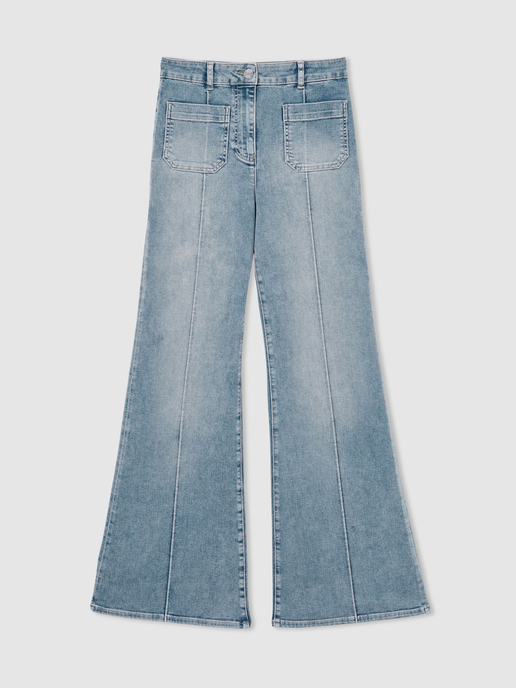 Petite Patch-Pocket Flared Jeans in Light Blue