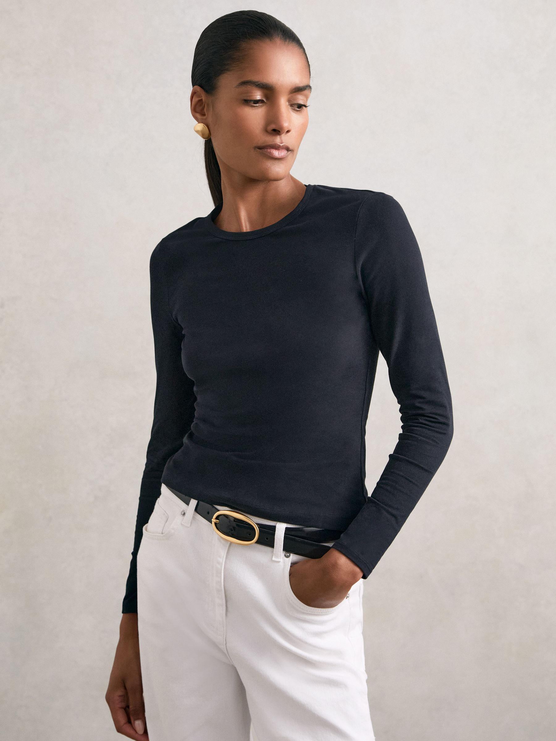 Cotton Crew-Neck Long-Sleeve T-Shirt With Stretch in Black