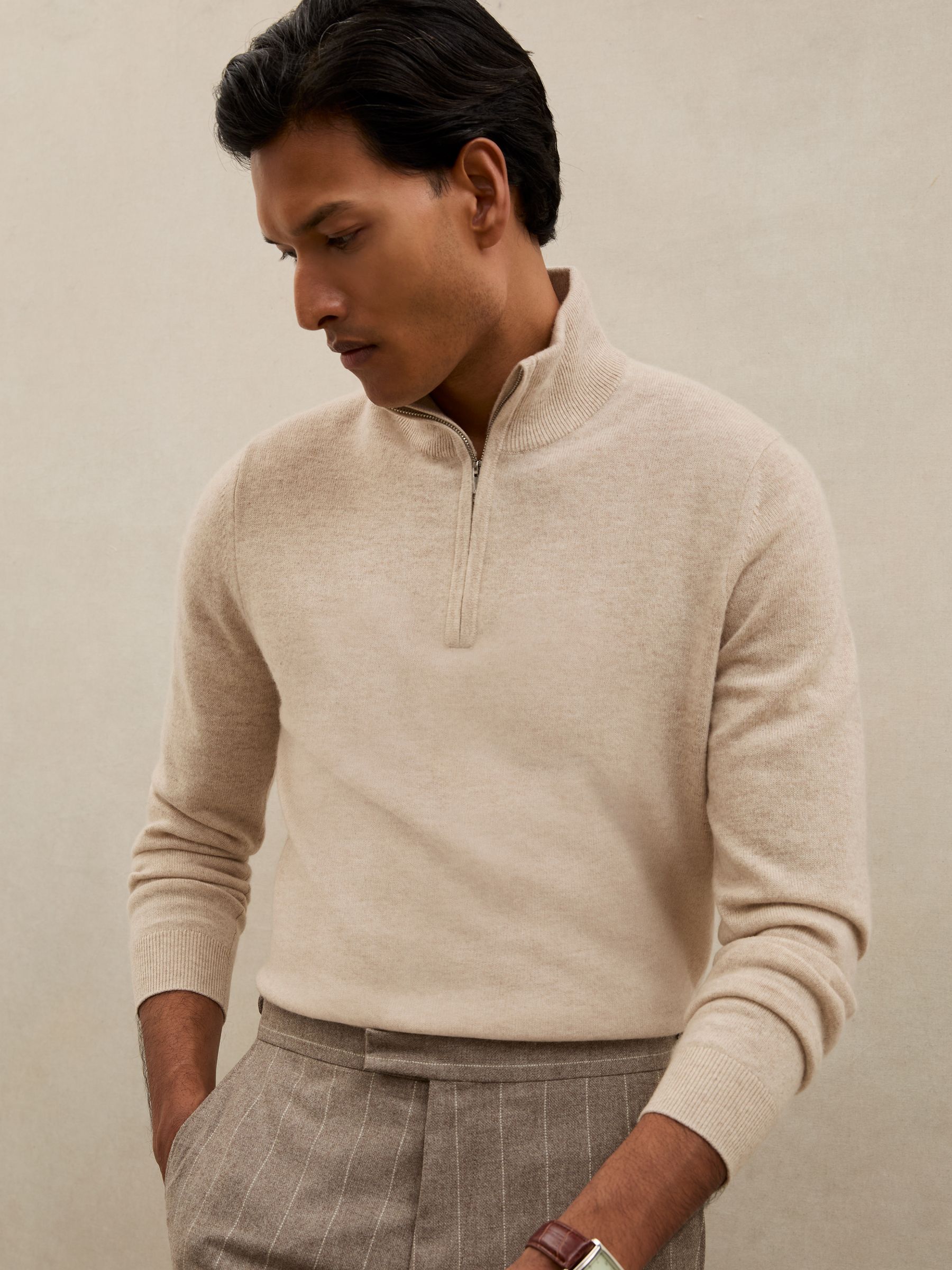 Atelier 100% Cashmere Half-Zip Jumper in Oatmeal Melange
