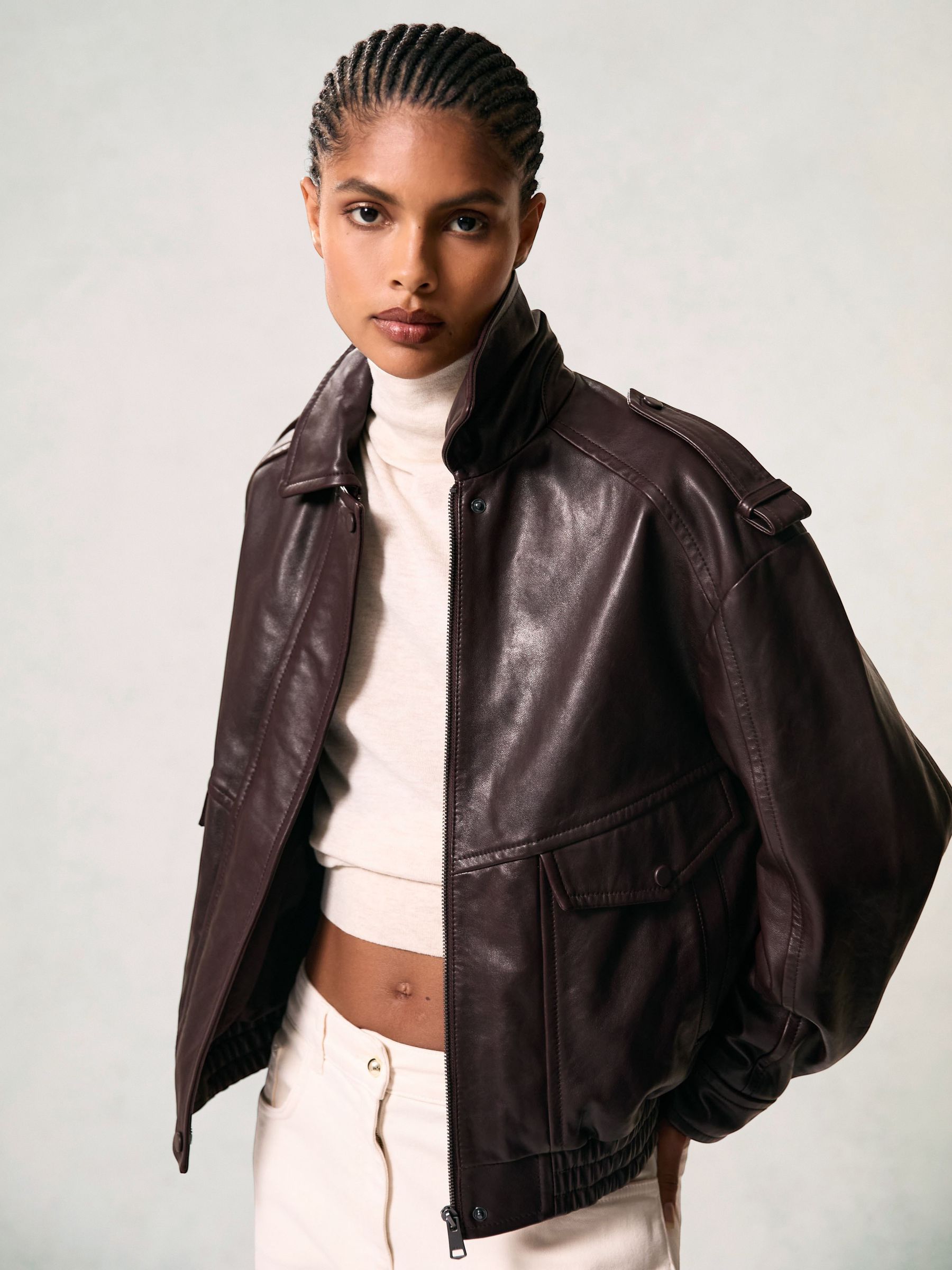 Petite Oversized Leather Jacket in Aubergine