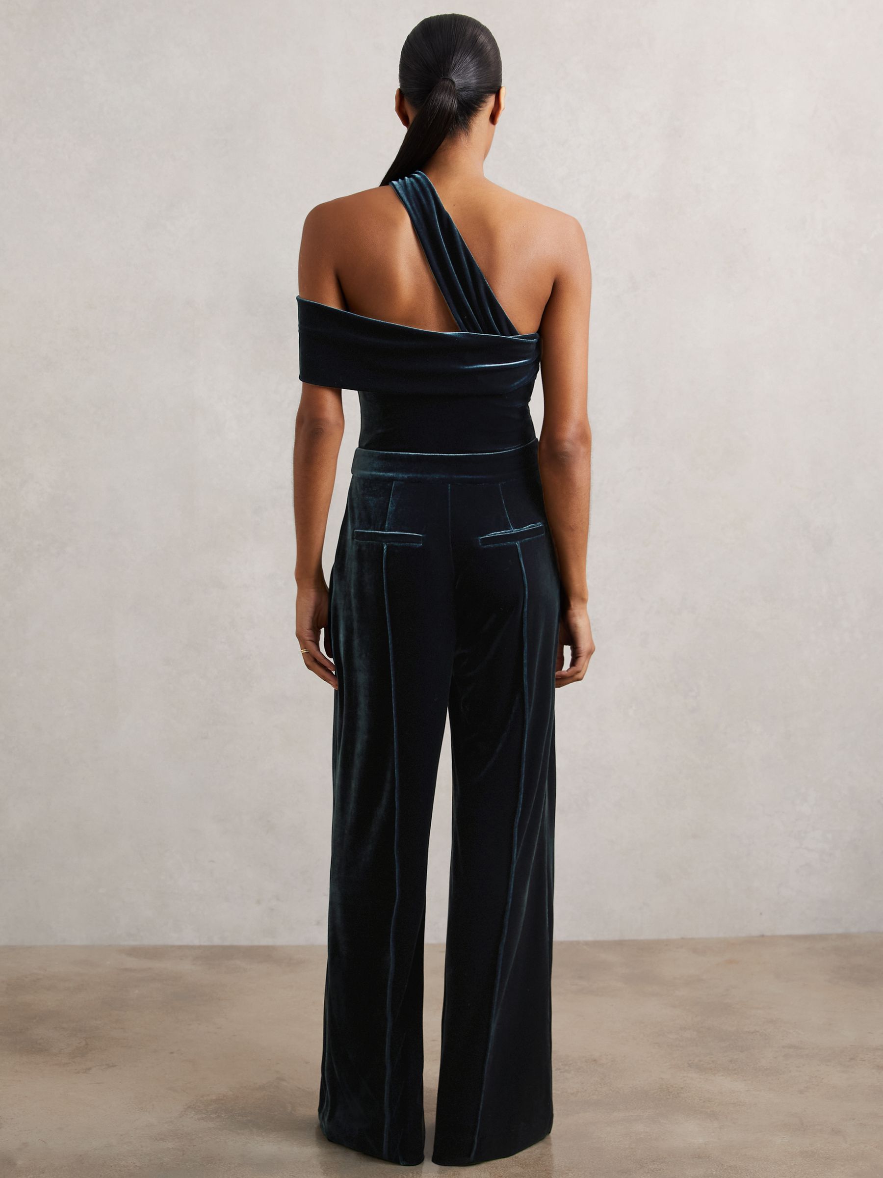 Velvet One-Shoulder Wide-Leg Jumpsuit in Teal Green