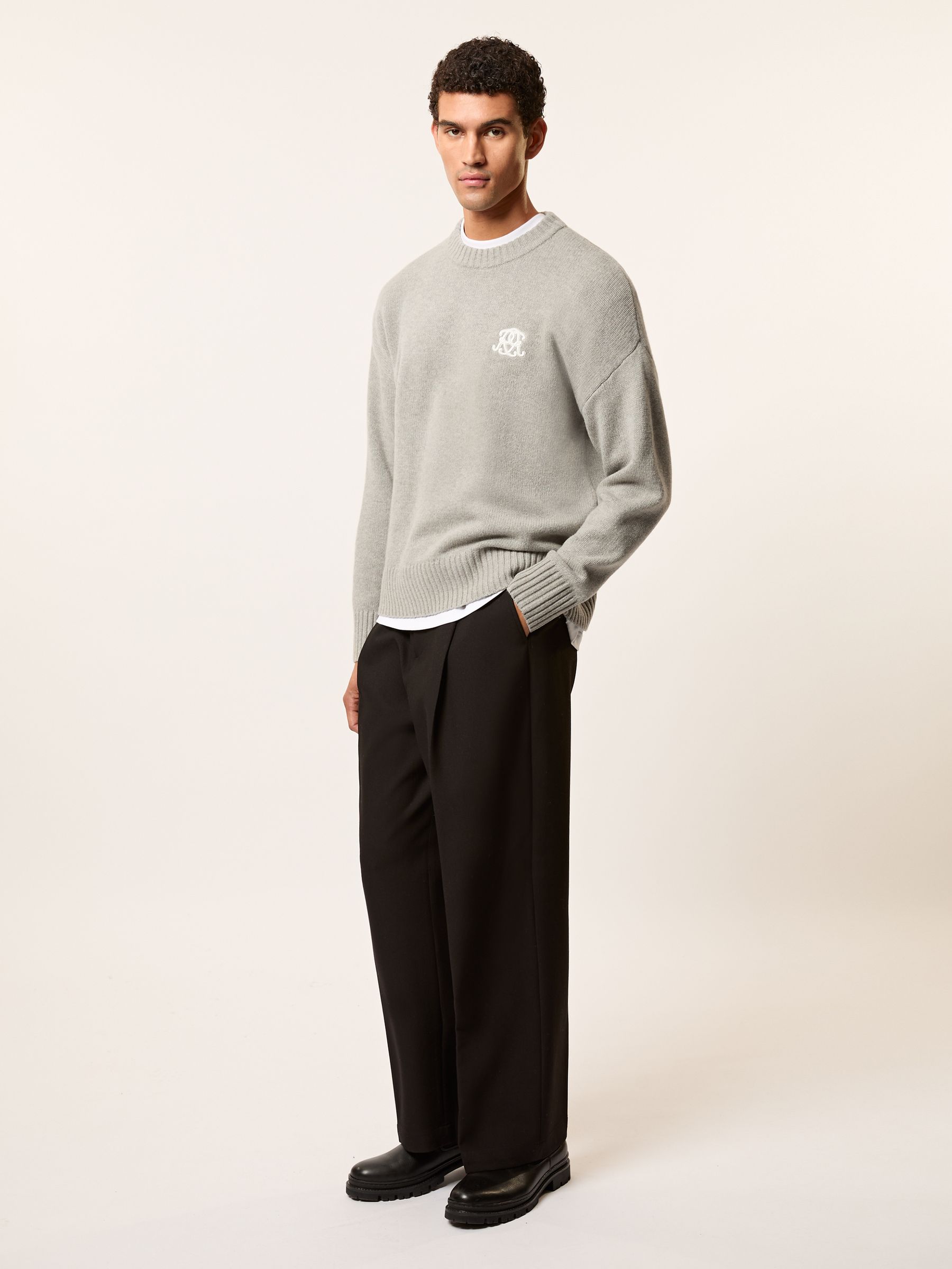 Monogram Embroidered Relaxed Jumper Wool in Grey Melange