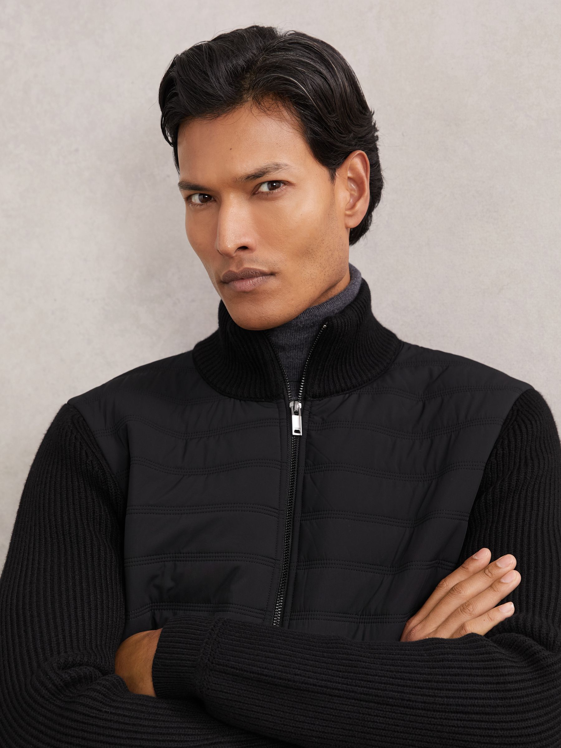 Quilted Rib-Knit Funnel-Neck Jacket in Black