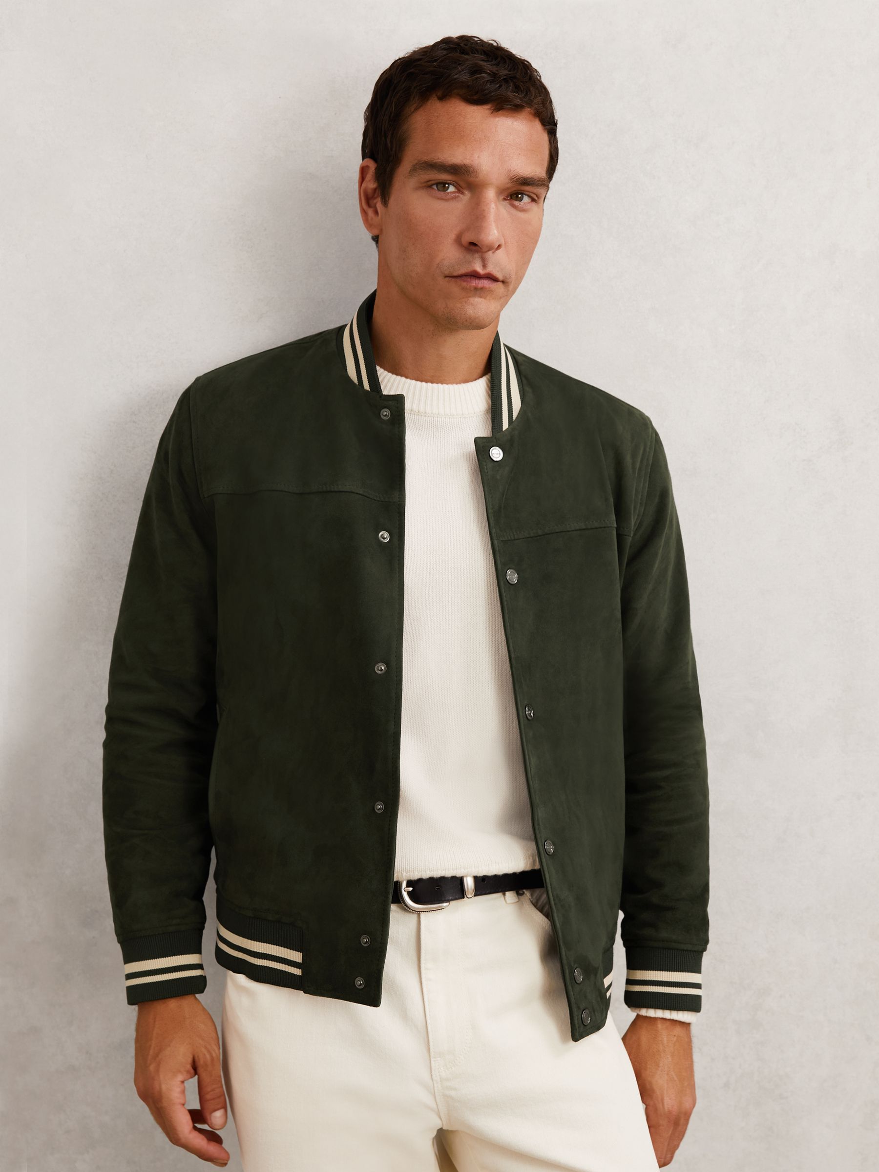 Suede Stripe-Trim Bomber Jacket in Forest Green