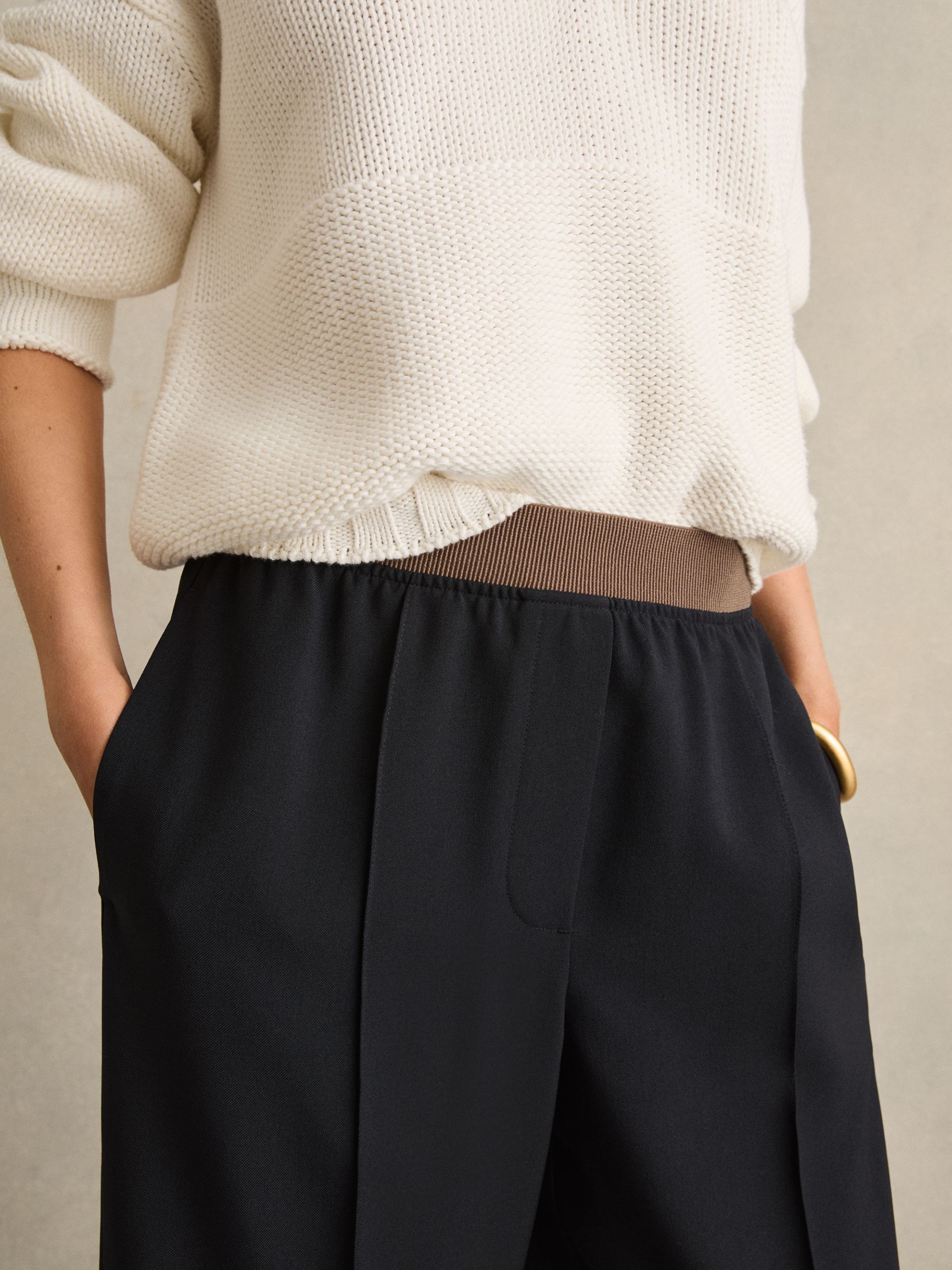 Petite Wide-Leg Elasticated-Waist Trousers in Navy