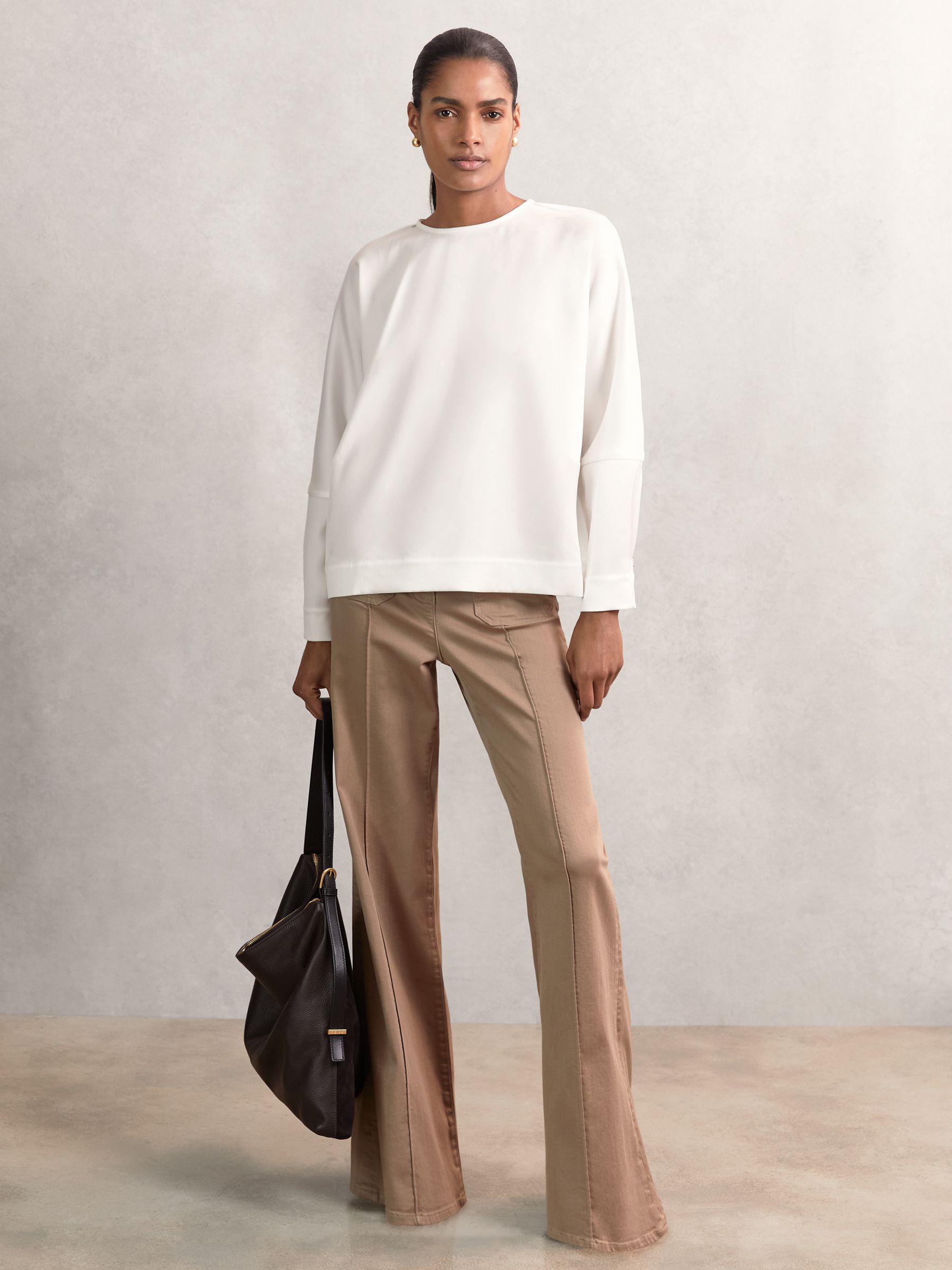 Satin Button-Back Long-Sleeve Top in Ivory