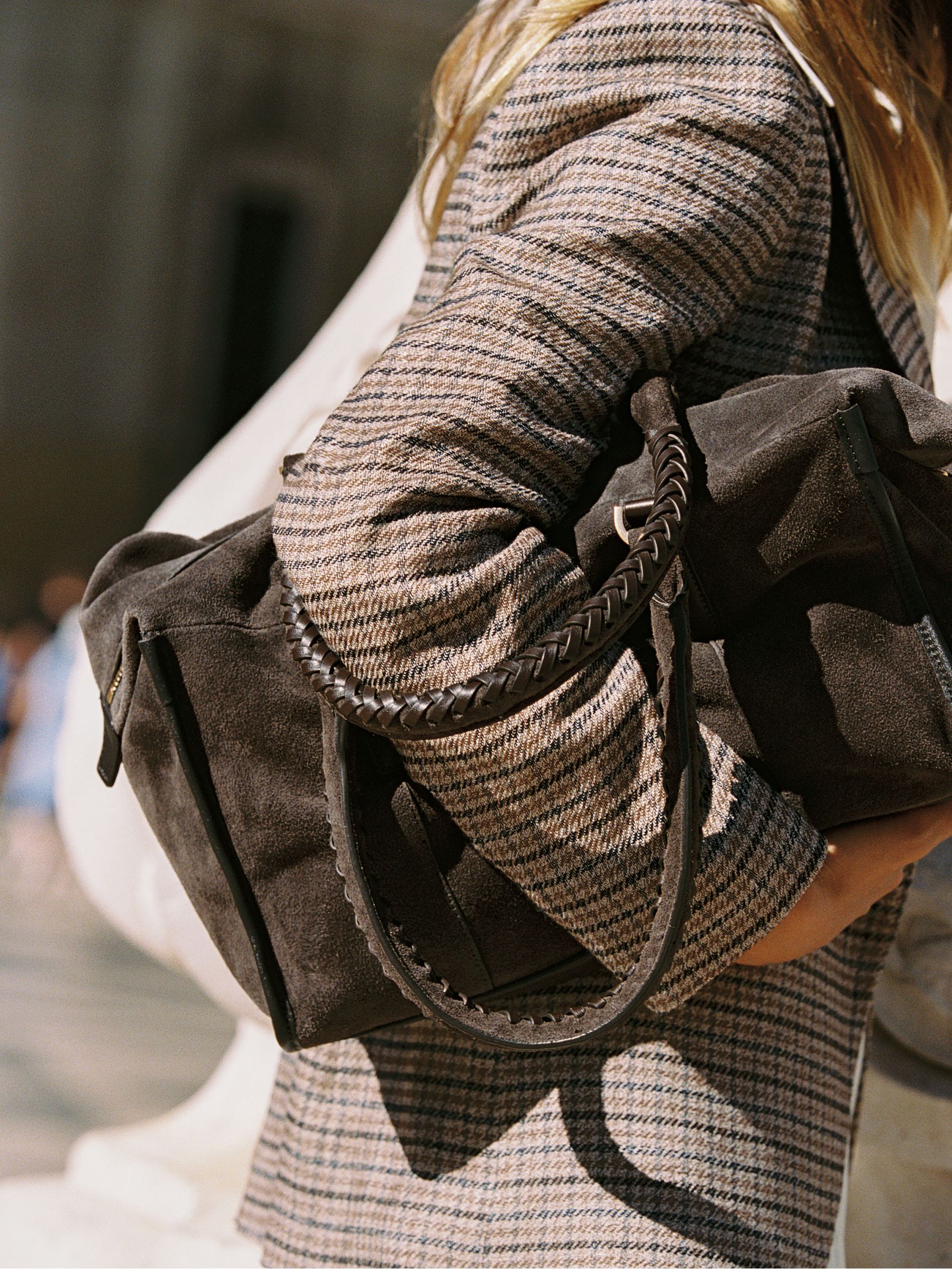 Suede Braided-Strap Bowling Bag in Chocolate