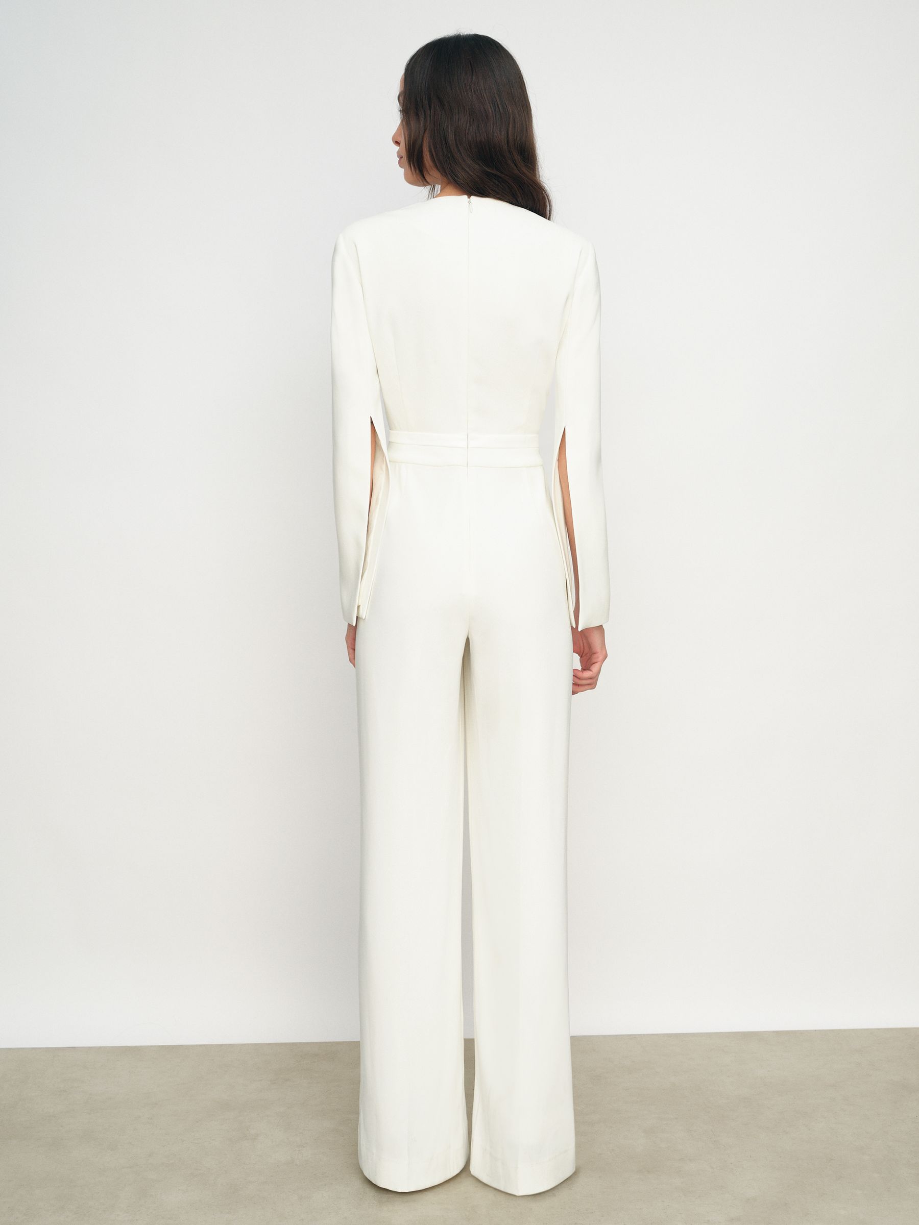 Plunge-Neck Split-Sleeve Jumpsuit in Ivory