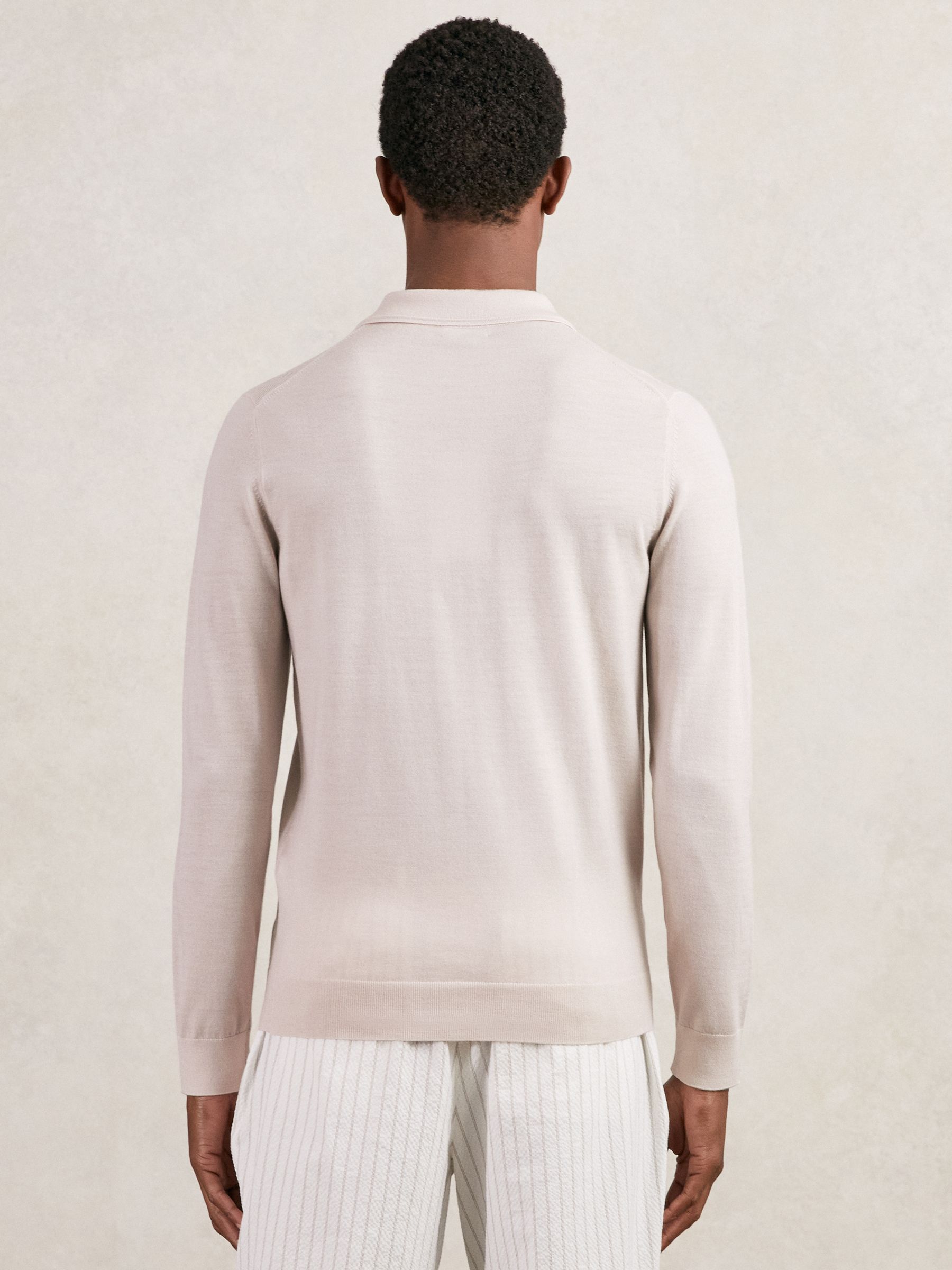 Merino Wool Long-Sleeve Polo Shirt in Beige