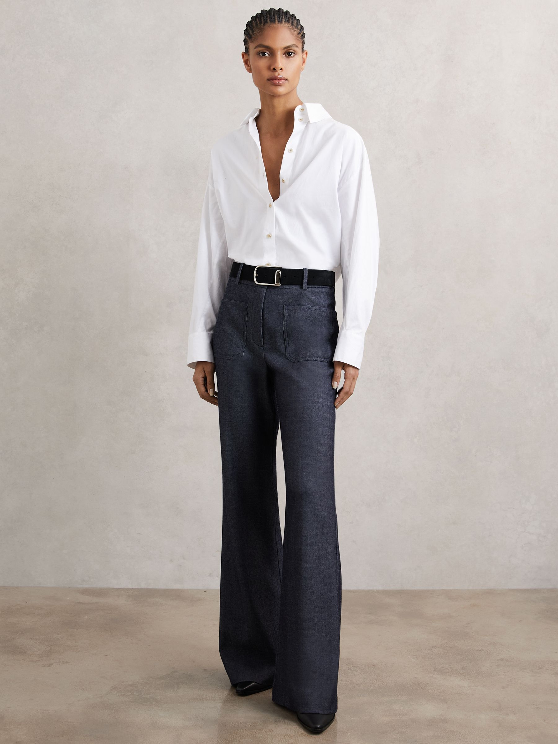 Petite Flannel Patch-Pocket Flared Trousers with Wool in Blue