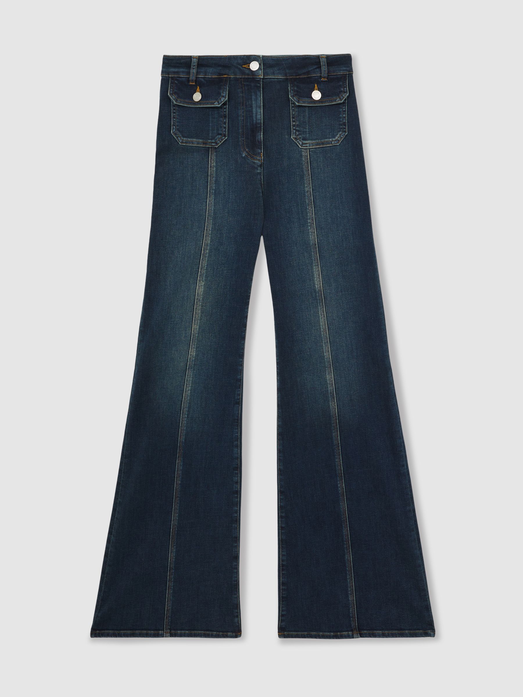 Petite Button-Pocket Flared Jeans in Mid Blue