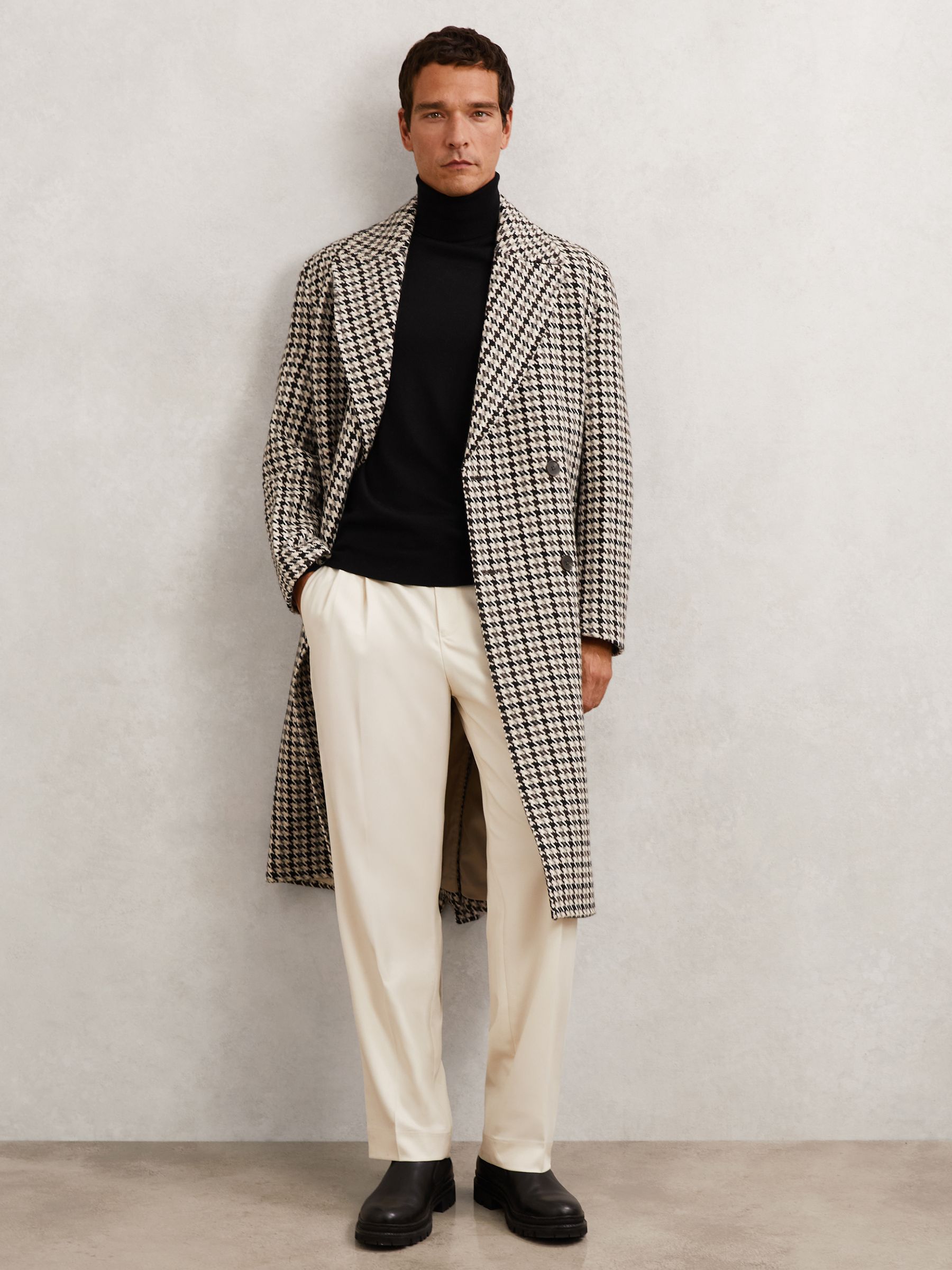 Wool Dogtooth Double-Breasted Overcoat in Brown Multi